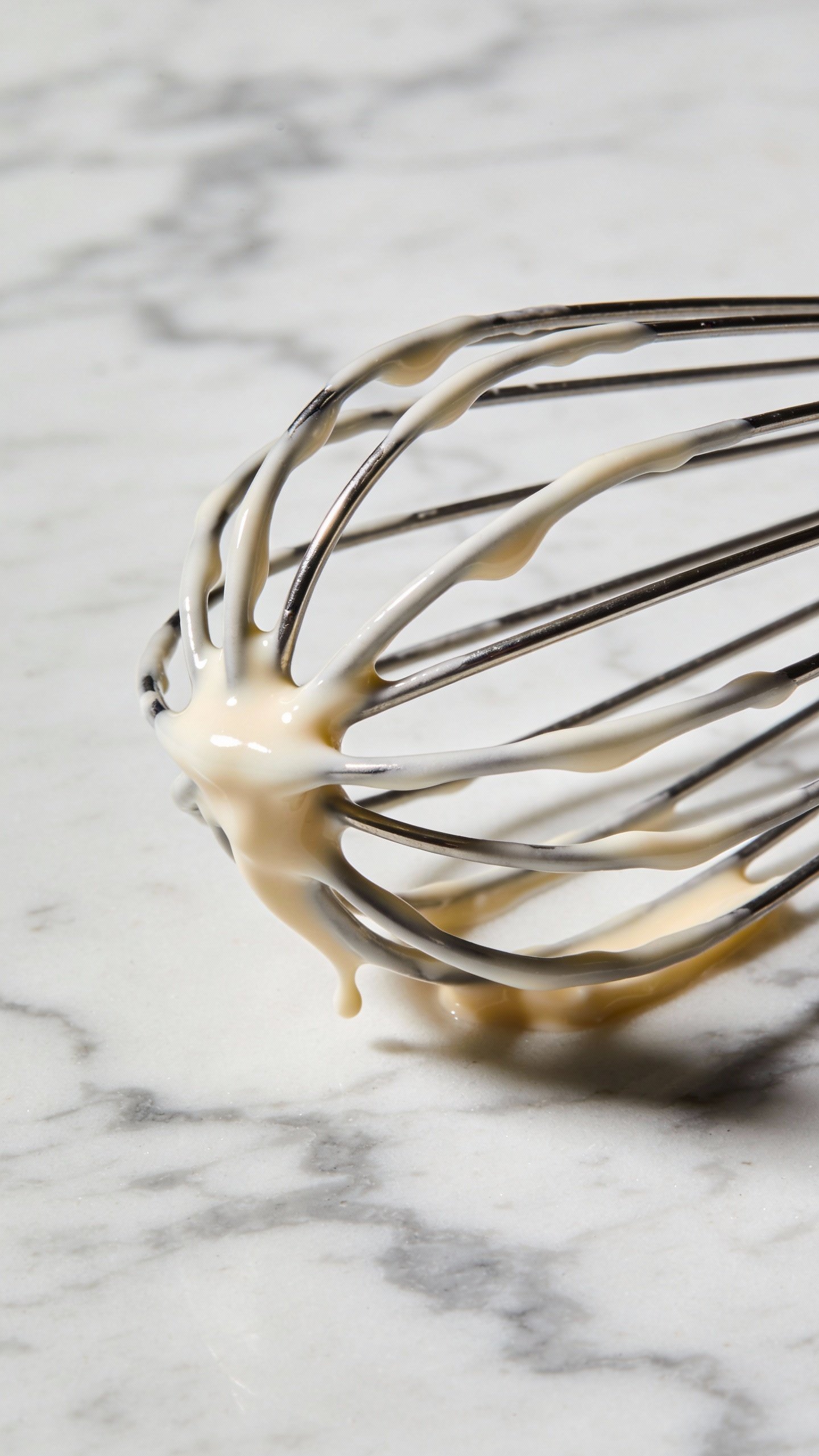 stainless whisk coated in glossy foot cream, on marble surface