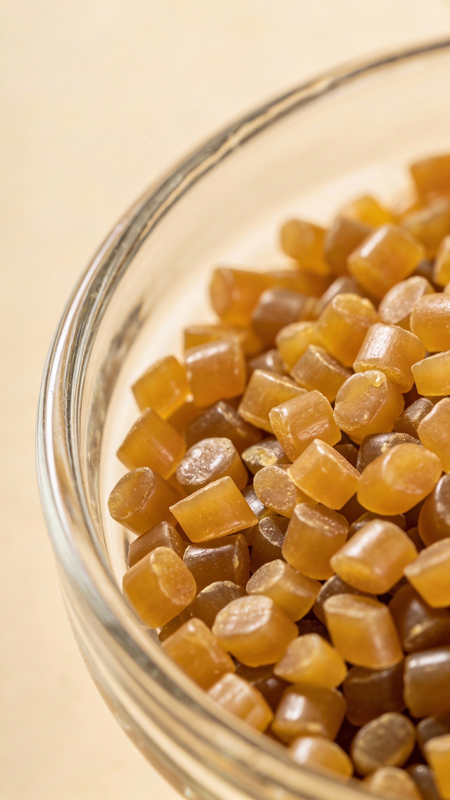 closeup of candelilla wax pellets in glass bowl