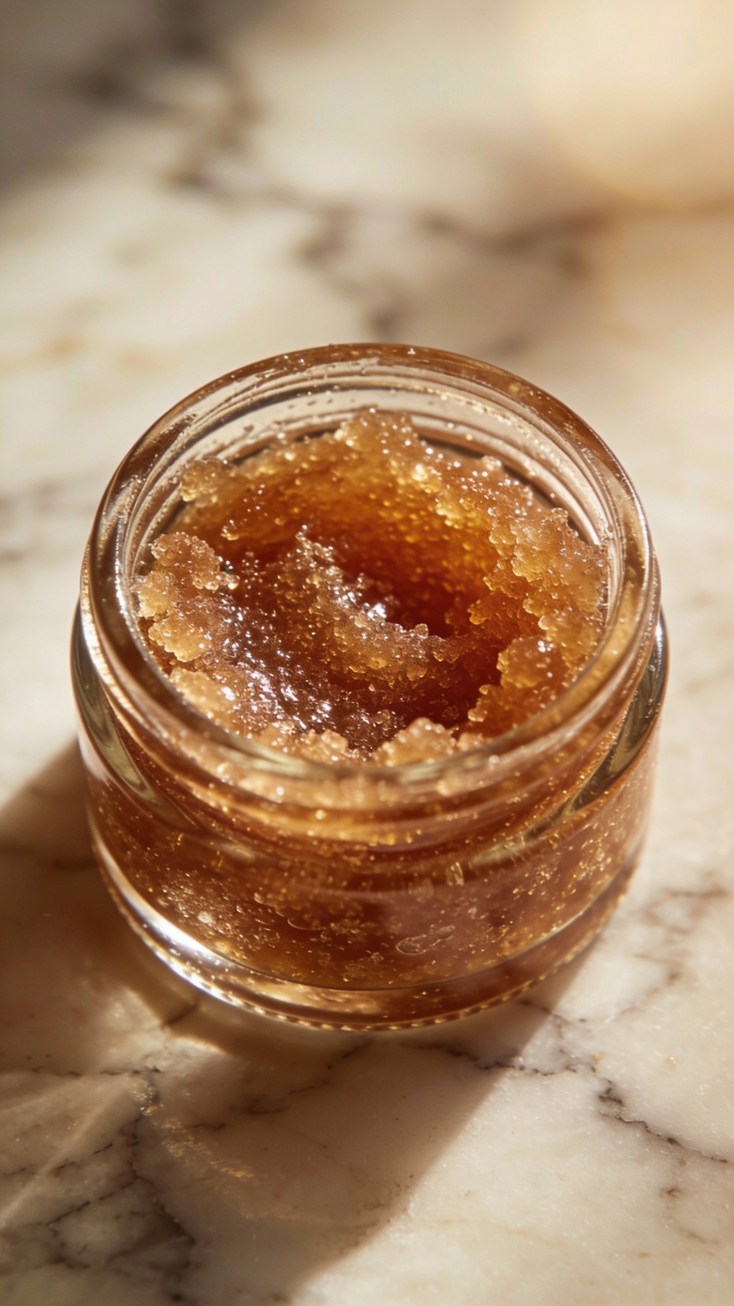 closeup glass jar of brown sugar lip scrub on marble