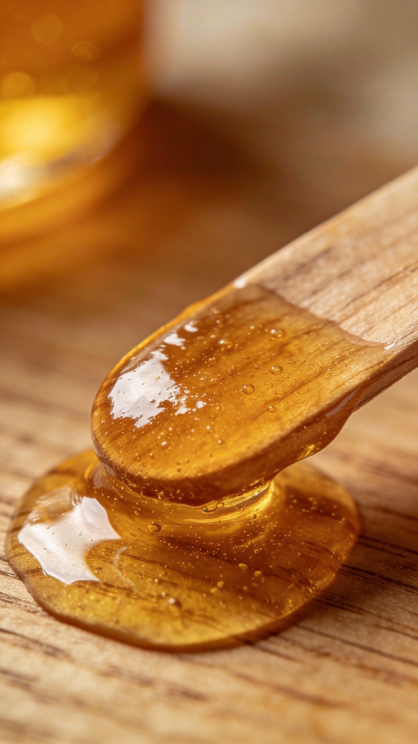 macro shot of honey-dipped wooden lip scrub spatula