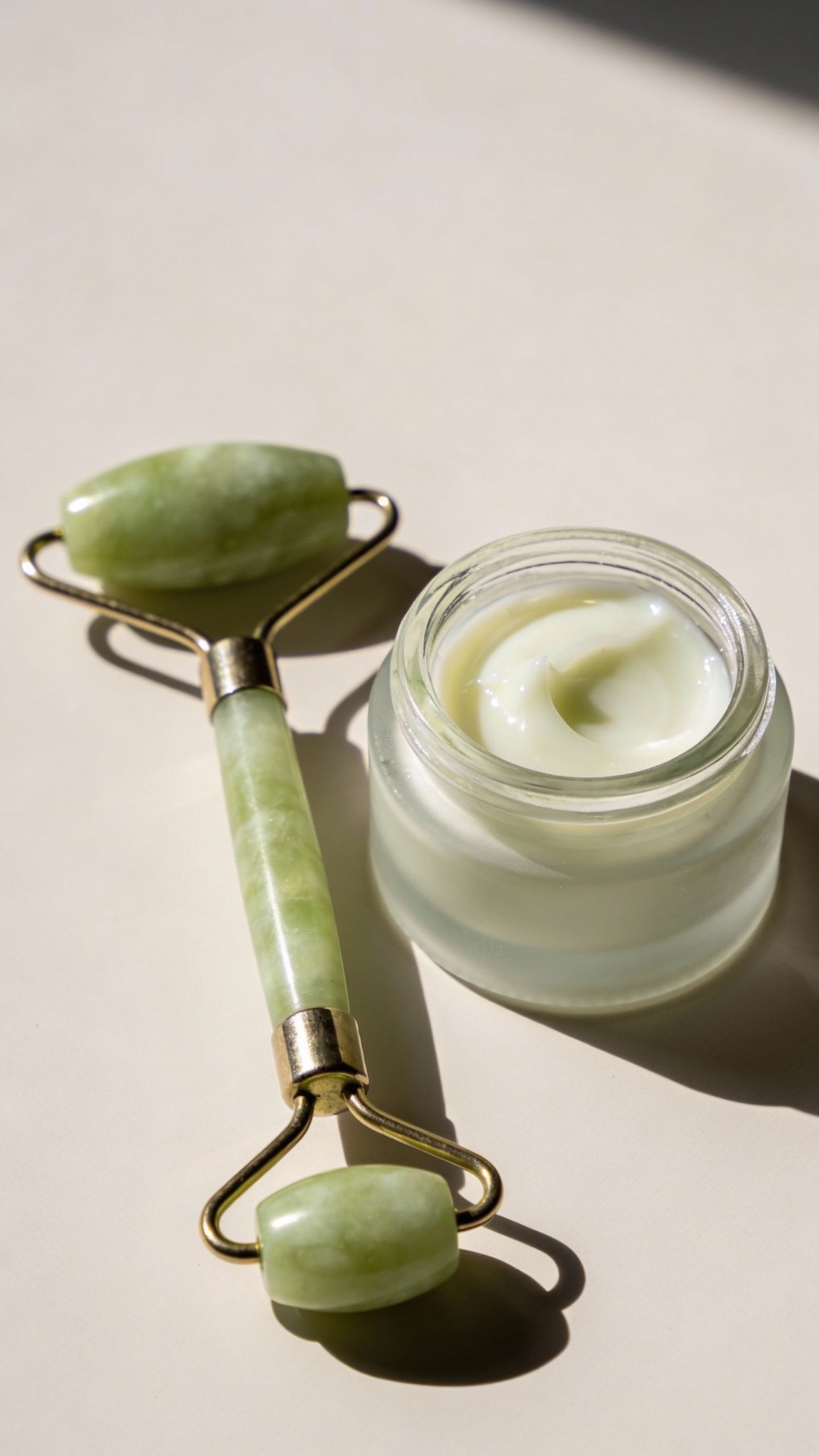 single jade roller beside aloe-infused eye cream, closeup
