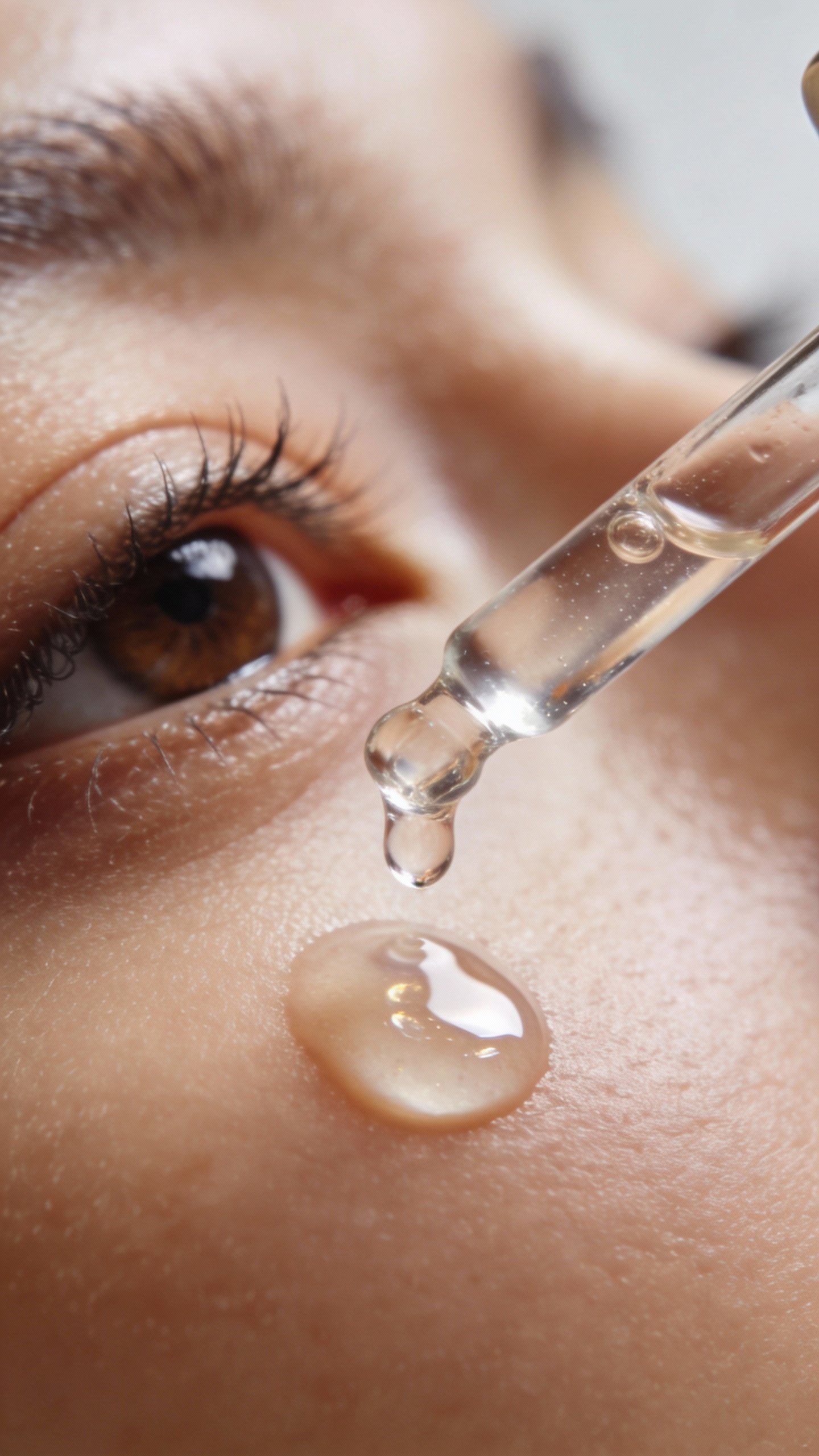 dropper releasing hyaluronic serum onto under-eye area, macro