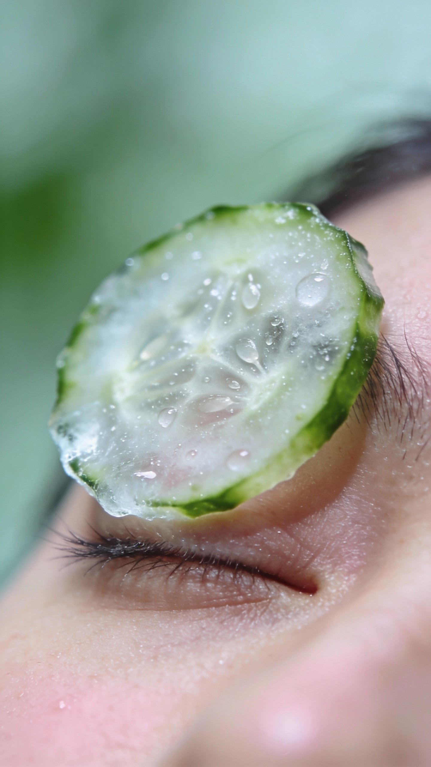 chilled cucumber slice on closed eyelid, macro shot