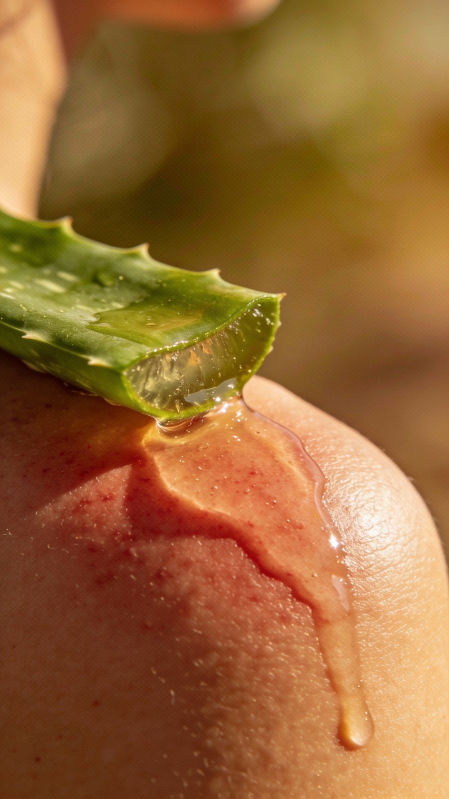 closeup of aloe vera gel on sunburned shoulder