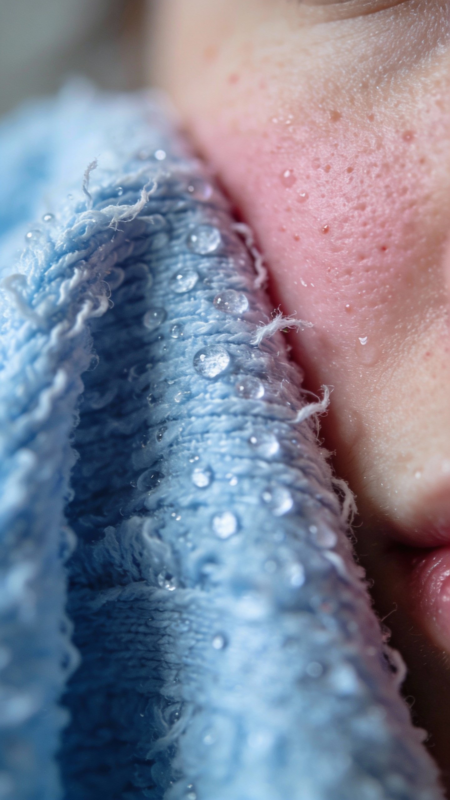 cool damp cloth pressed to flushed cheek, macro shot