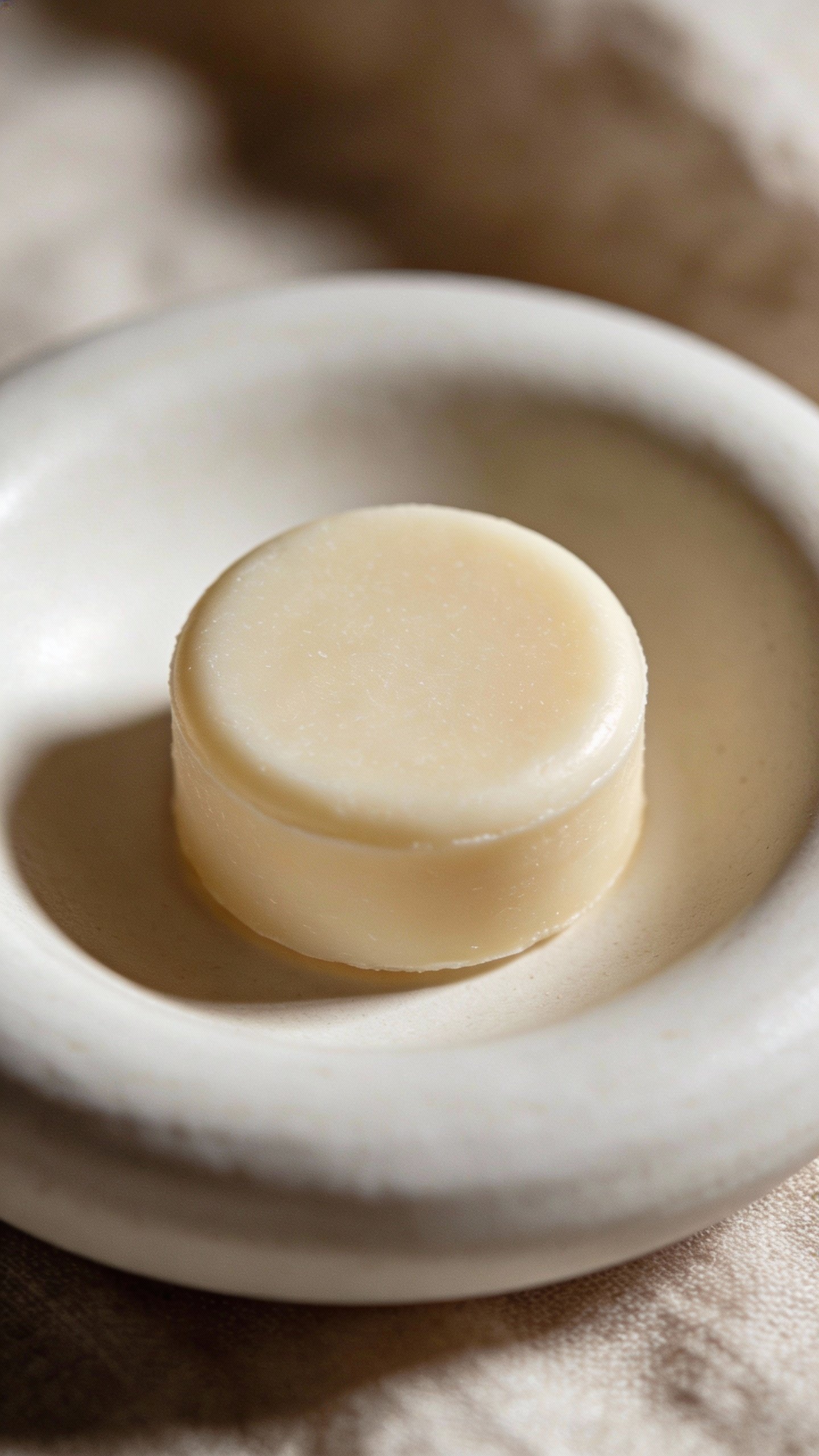 single mini lotion bar on white ceramic dish