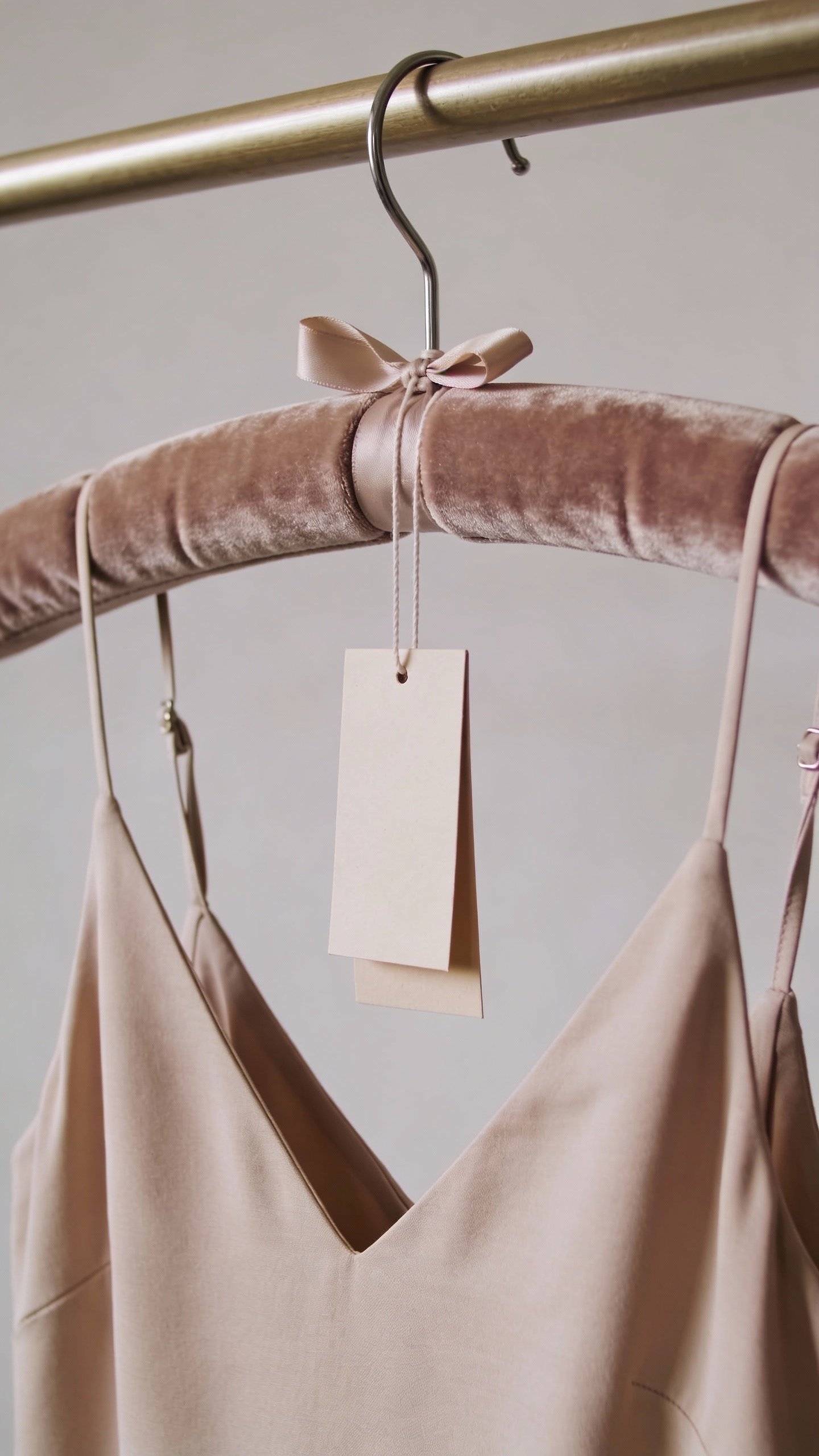 Closeup of unworn dress with tag on velvet hanger