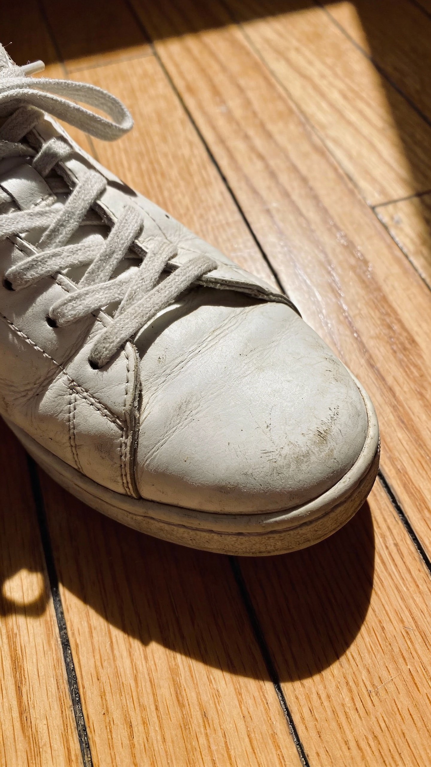 Single well-worn white sneaker on hardwood floor
