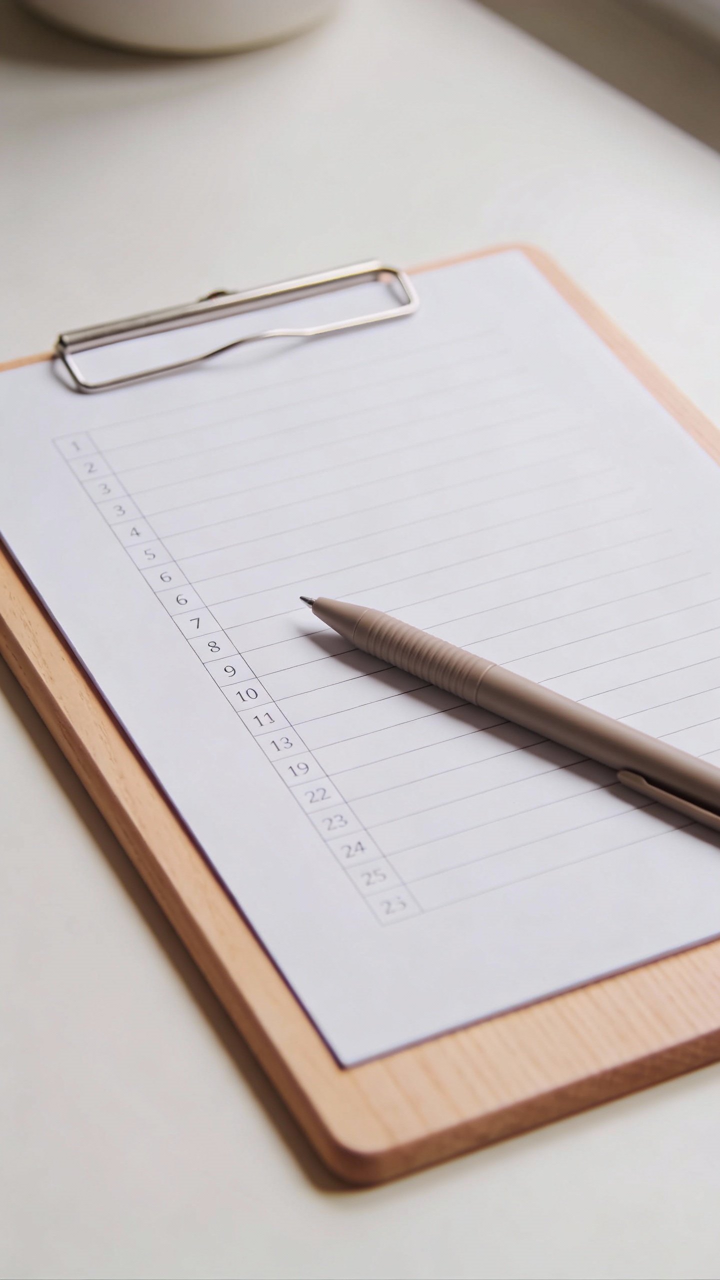 Closeup capsule wardrobe checklist on clipboard with pen