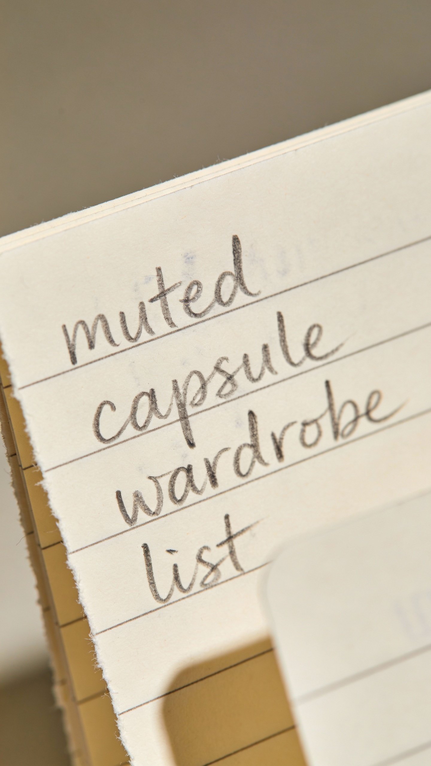 muted capsule wardrobe list handwritten on index card, macro shot