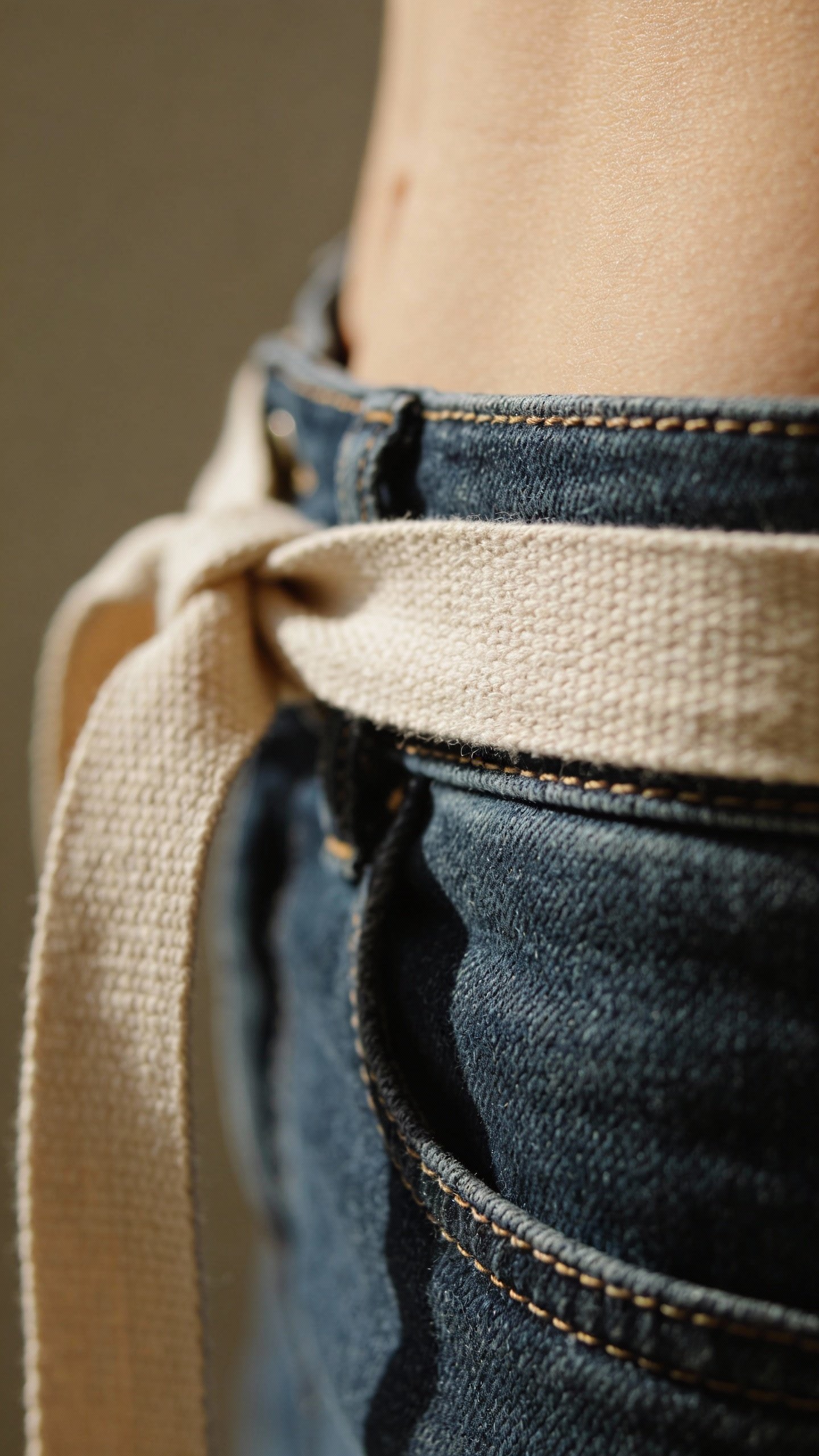 closeup of soft tape measuring natural waist over denim