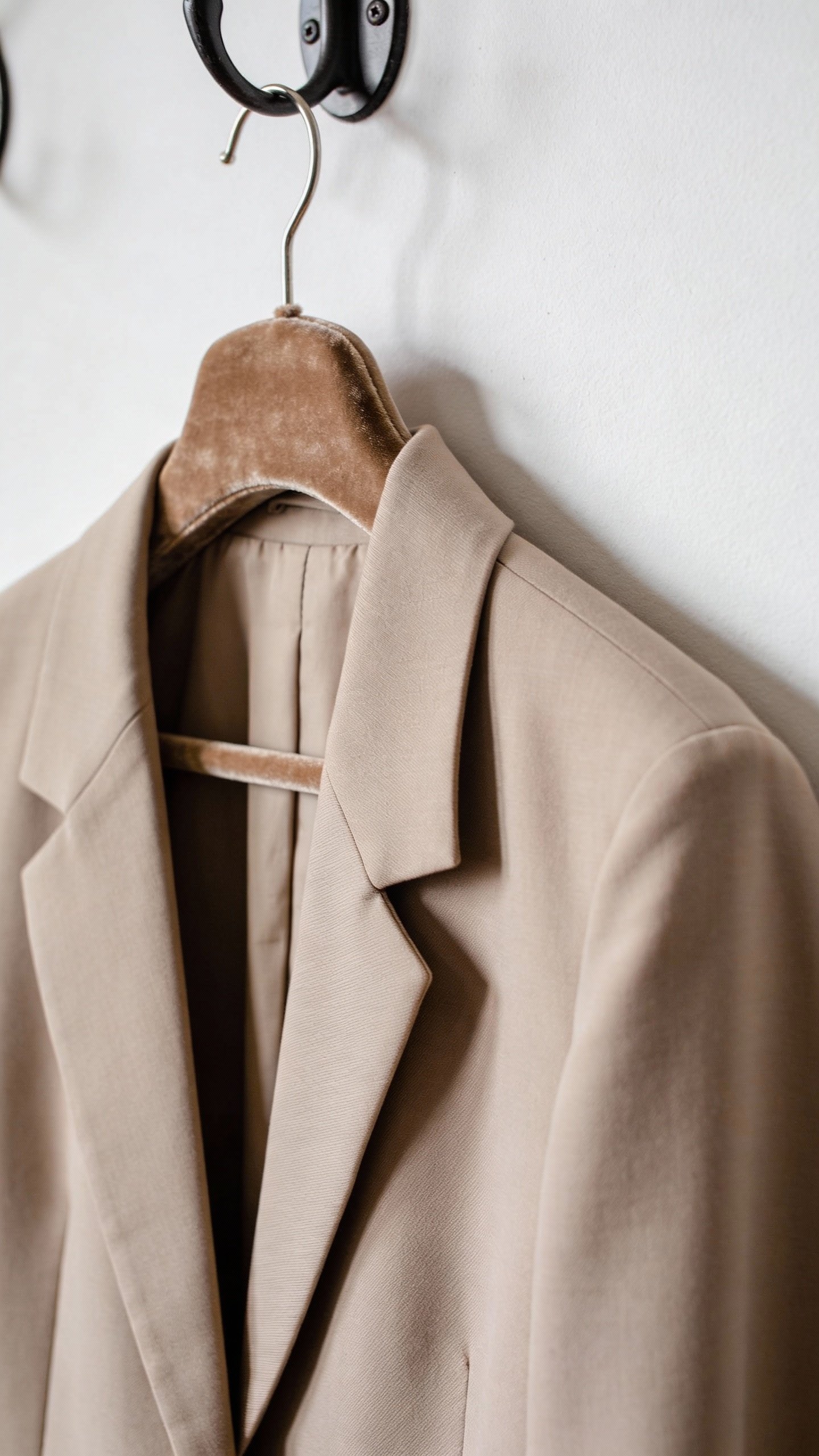 single neutral blazer on velvet hanger against white wall