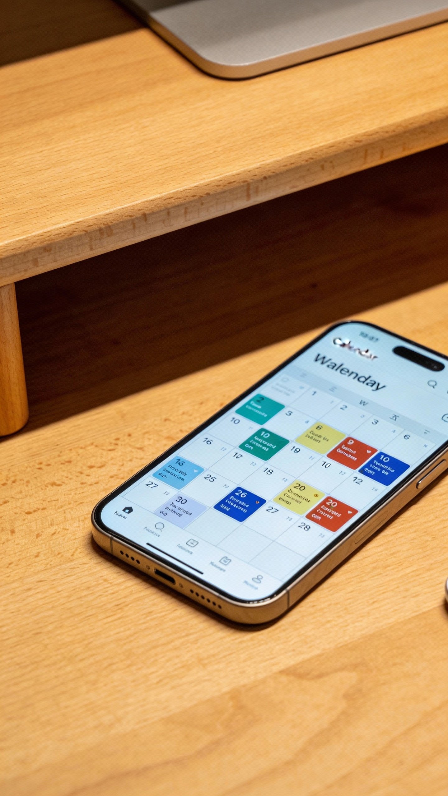 smartphone calendar open to busy week on wooden desk