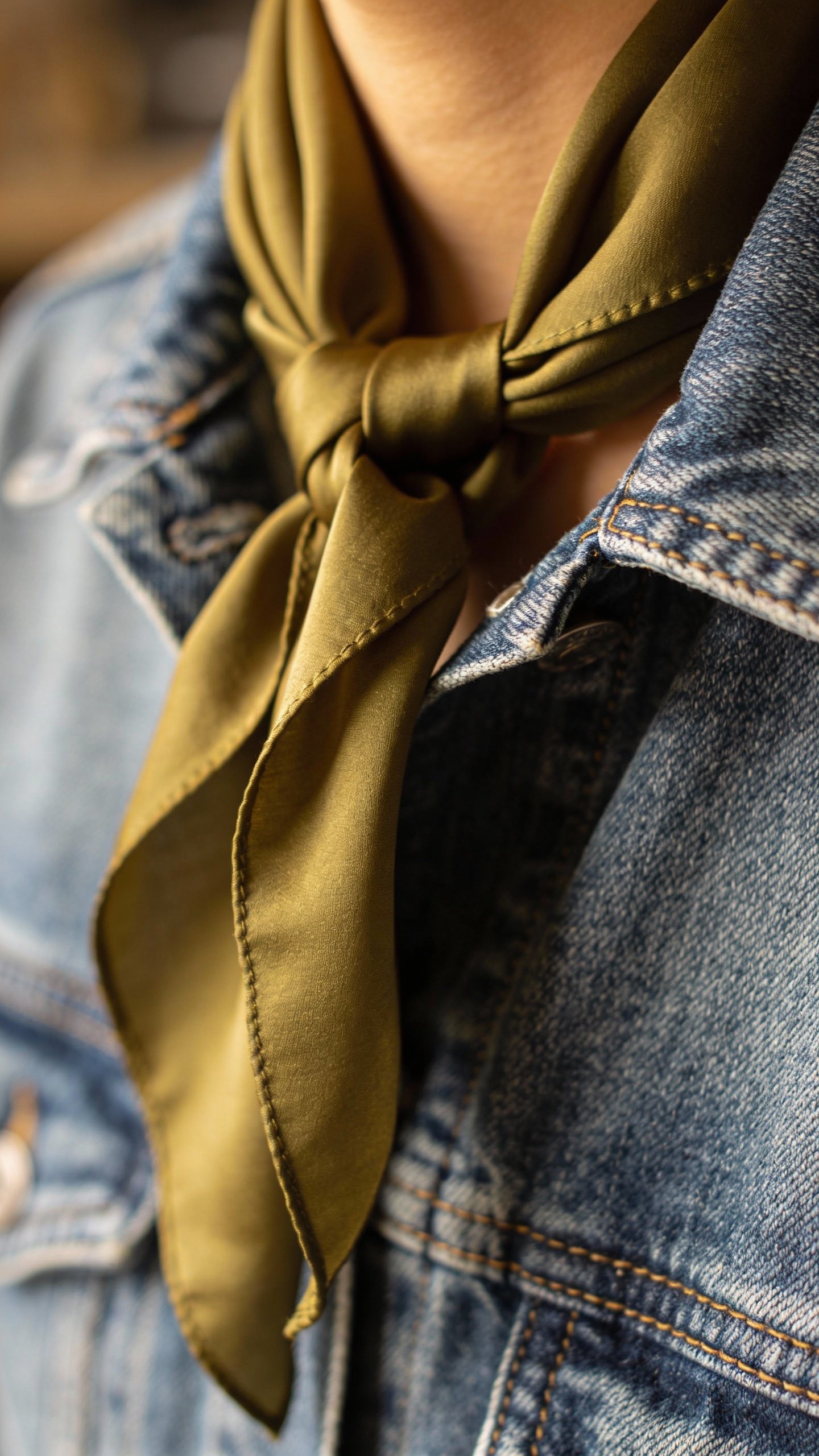 olive silk scarf draped on denim jacket collar, closeup