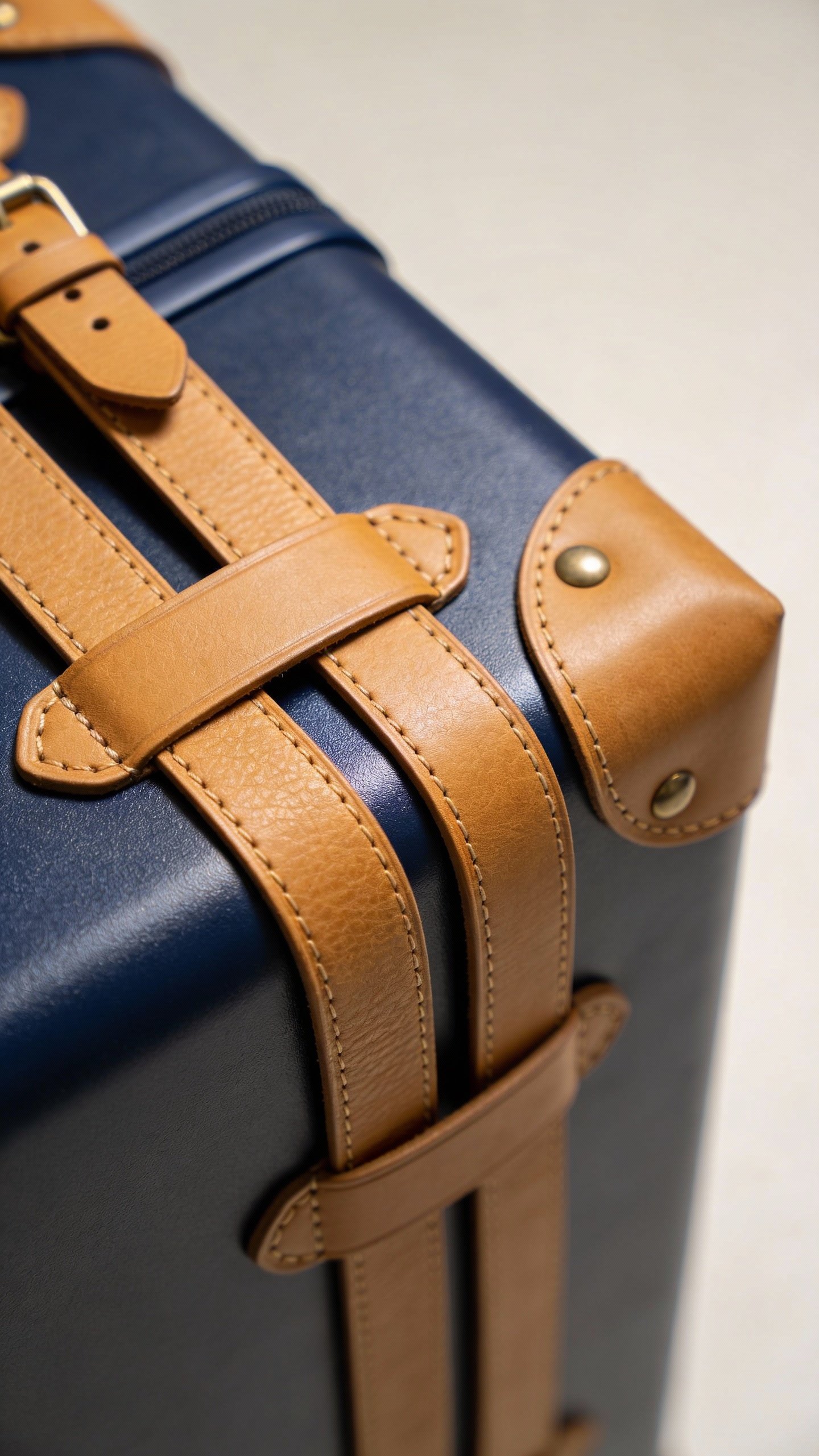navy carry-on suitcase with tan leather straps, studio closeup