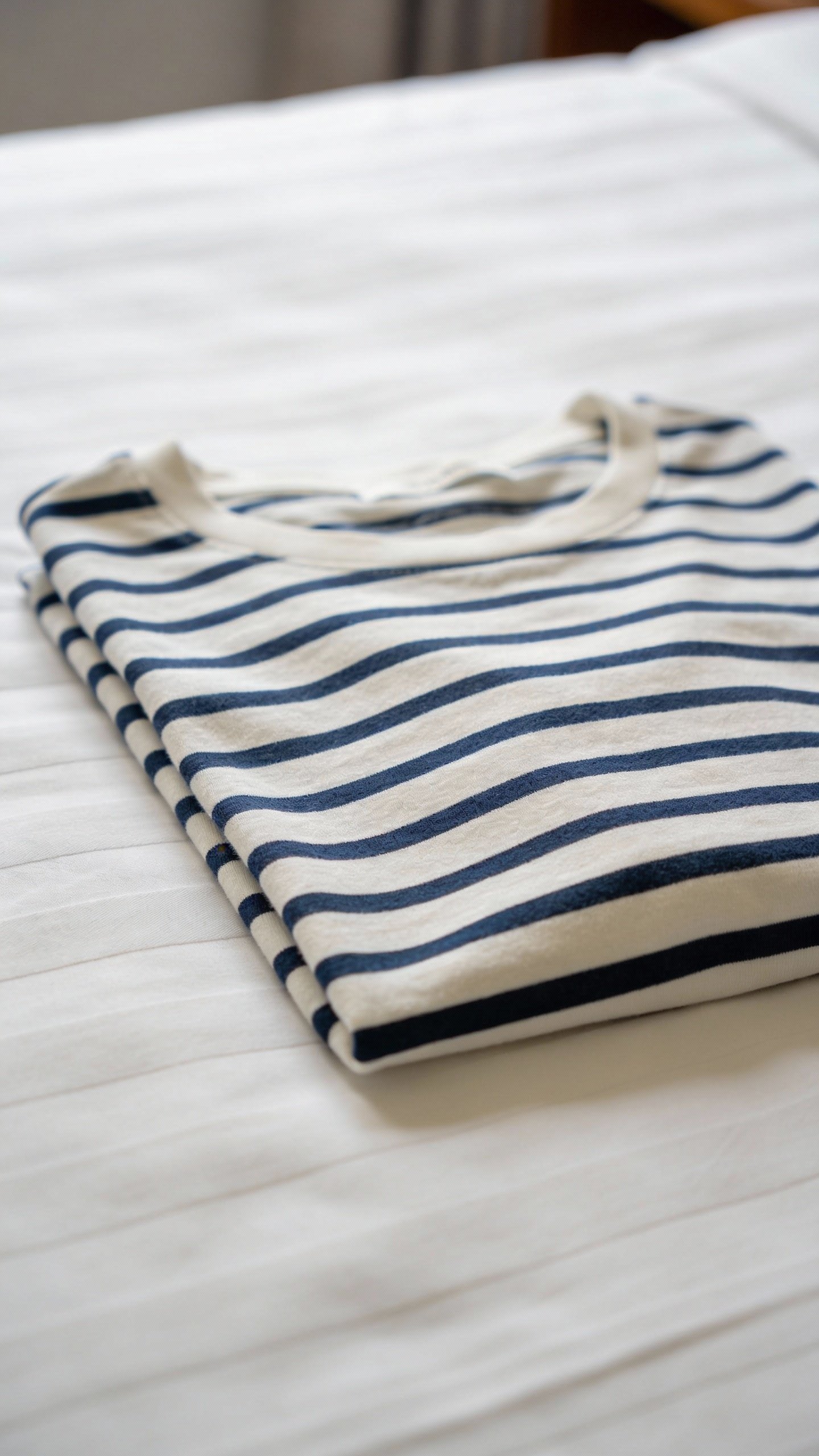 striped Breton tee folded on white hotel bed, tight crop