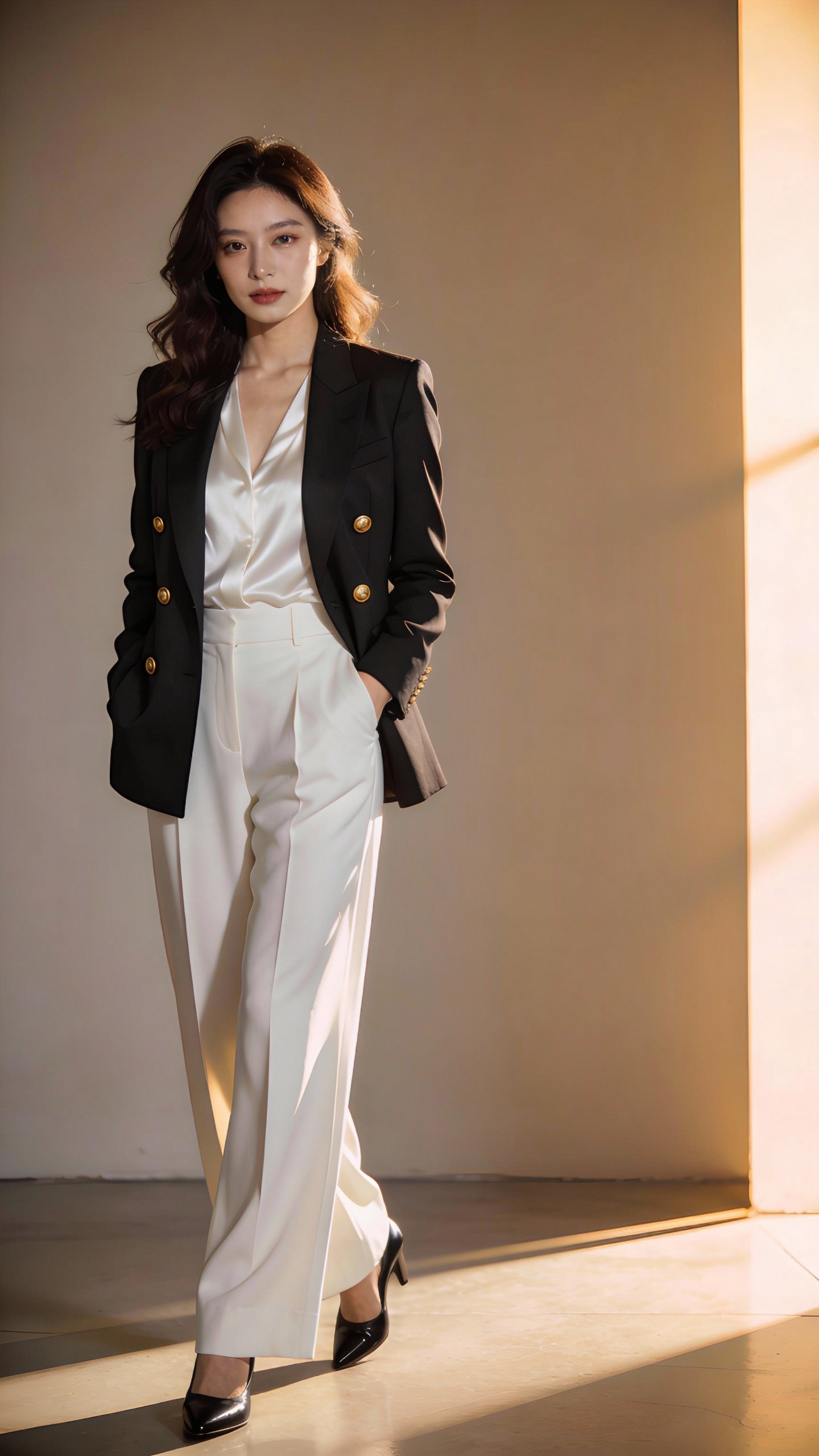 olive silk scarf draped over black blazer lapel, macro shot