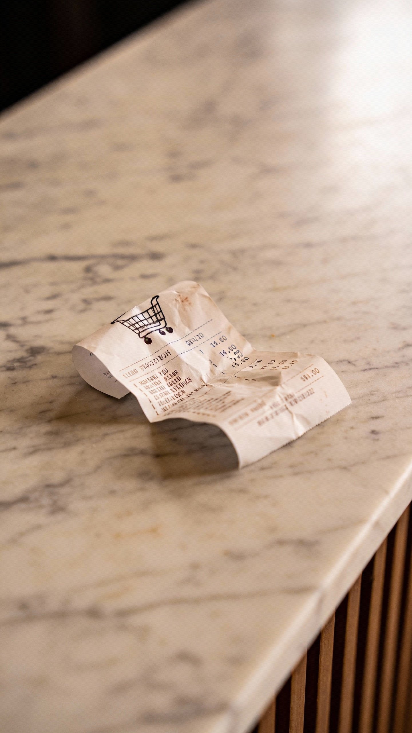 single shopping cart receipt crumpled on marble countertop, macro