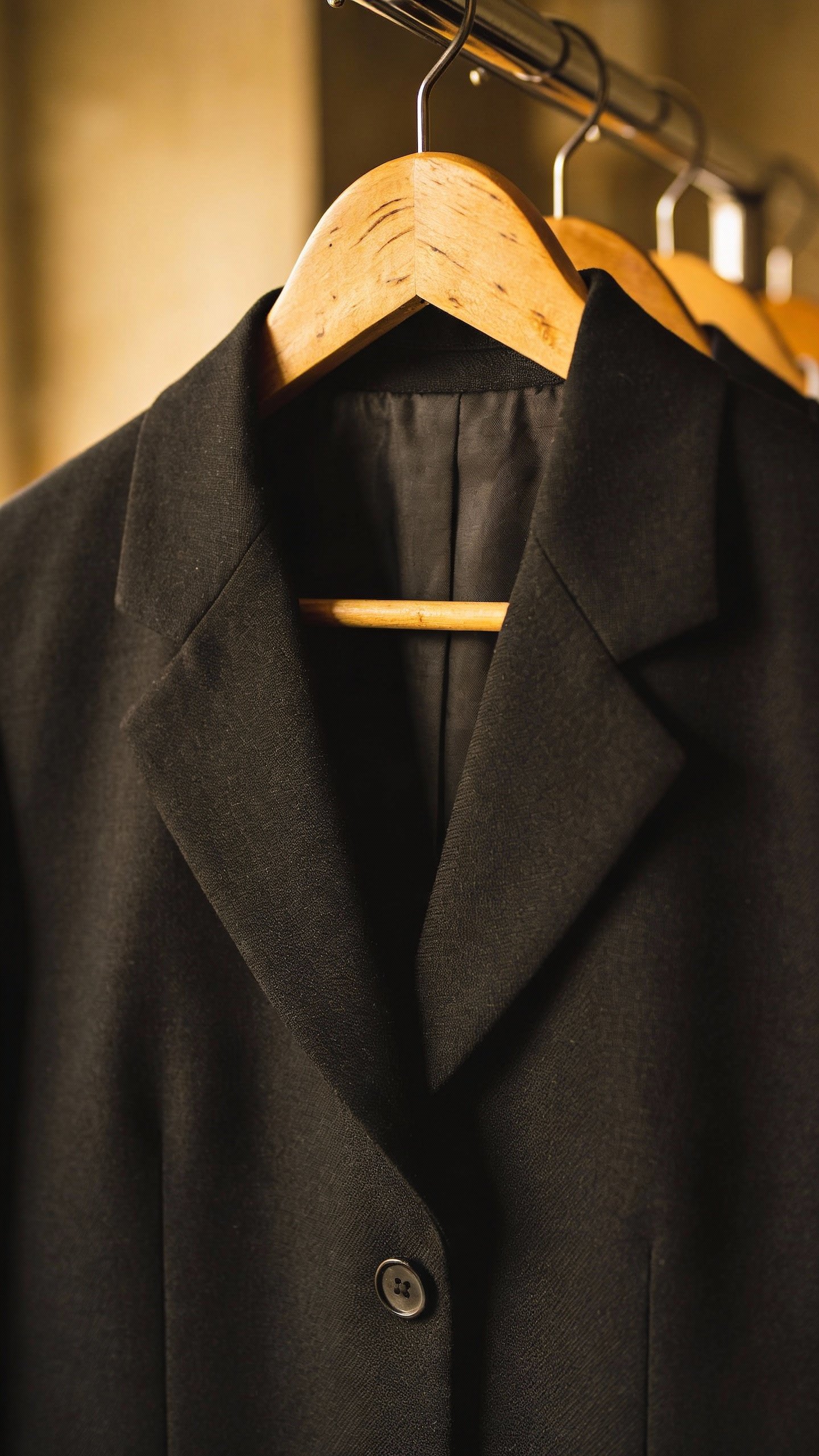 classic black blazer on wooden hanger, studio closeup lighting