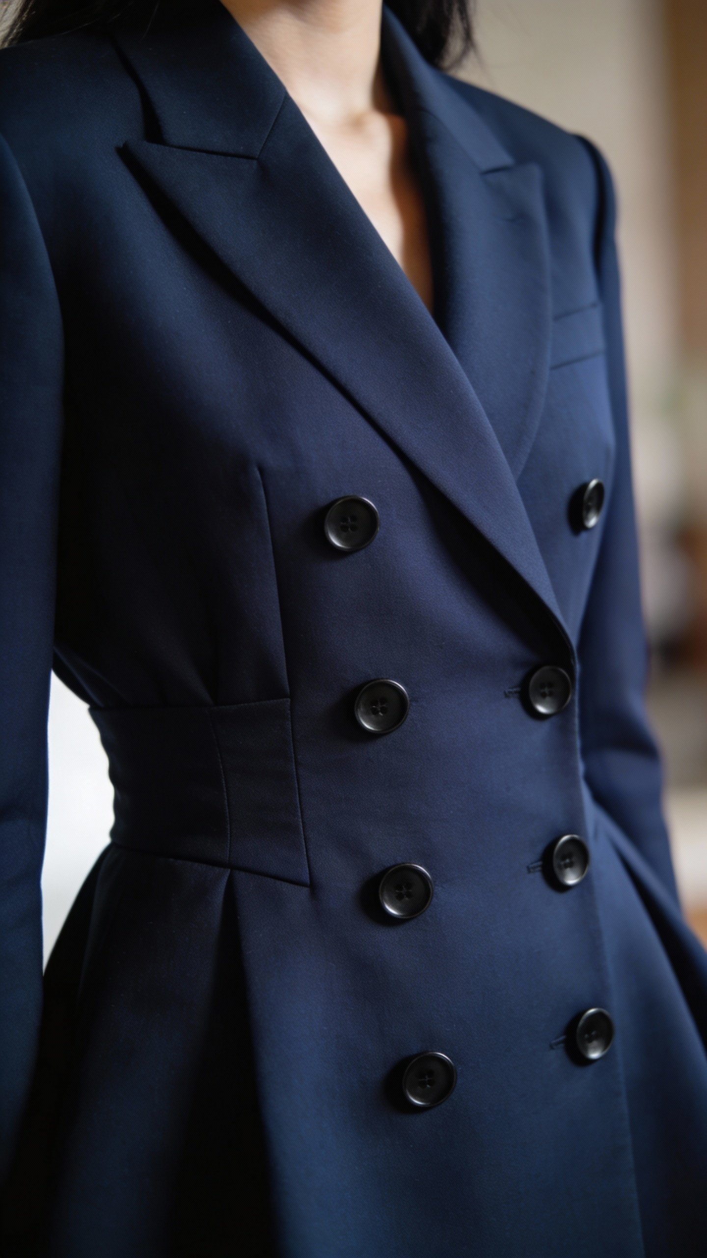 closeup tailored navy blazer waist nipped, matte black buttons