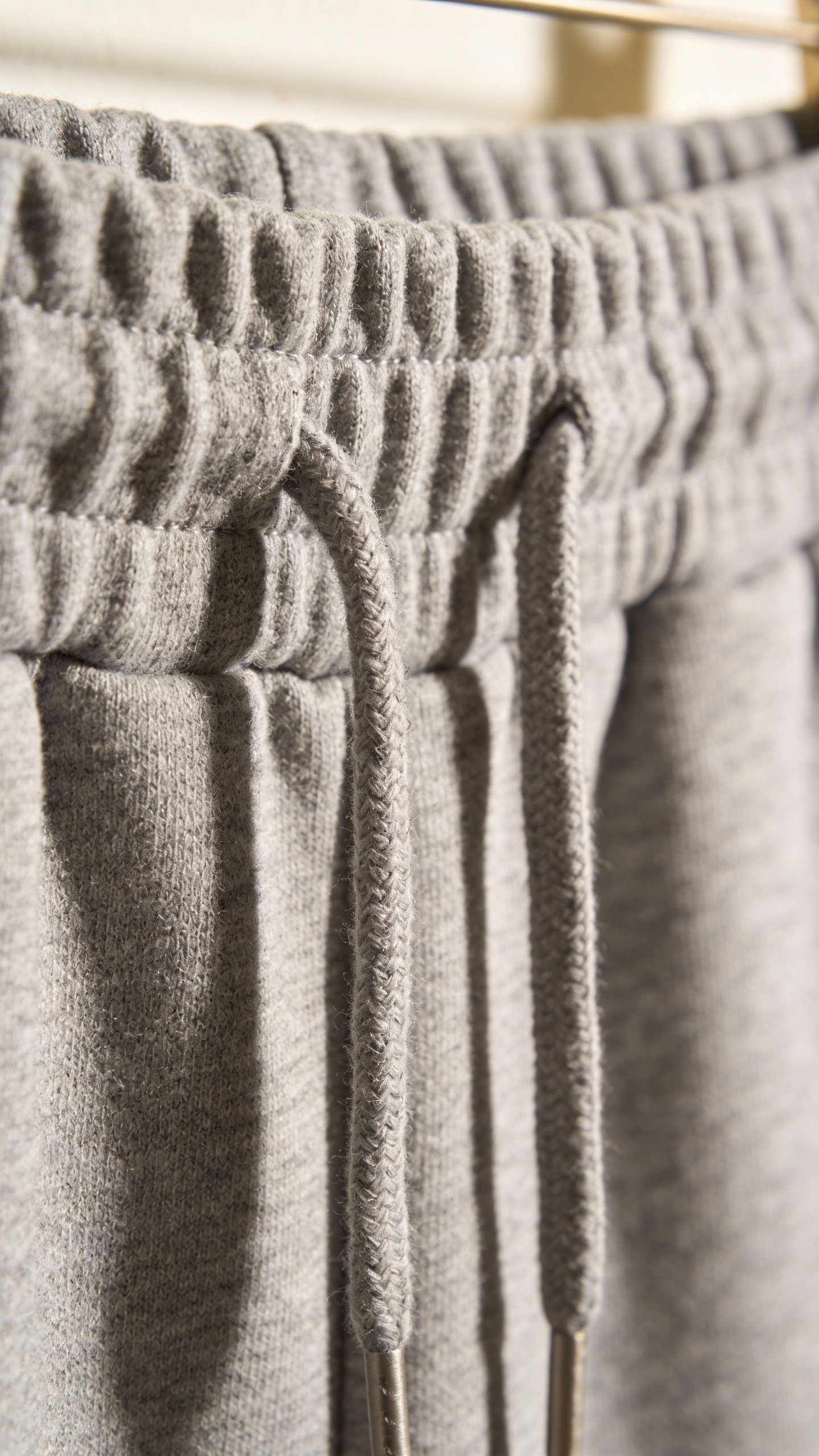 closeup of heather-gray knit jogger waistband with drawstring