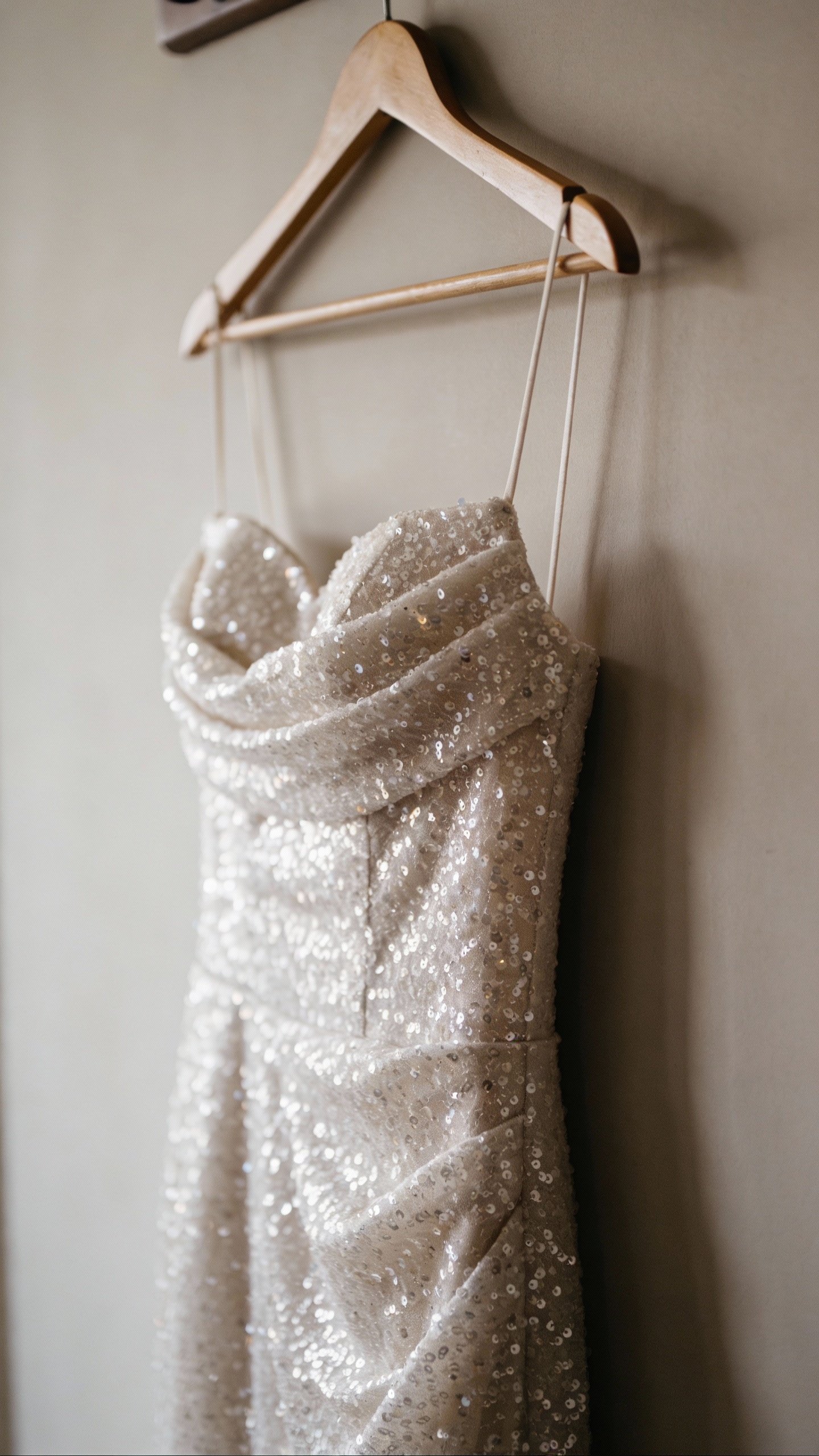 single sequined dress on hanger against neutral wall