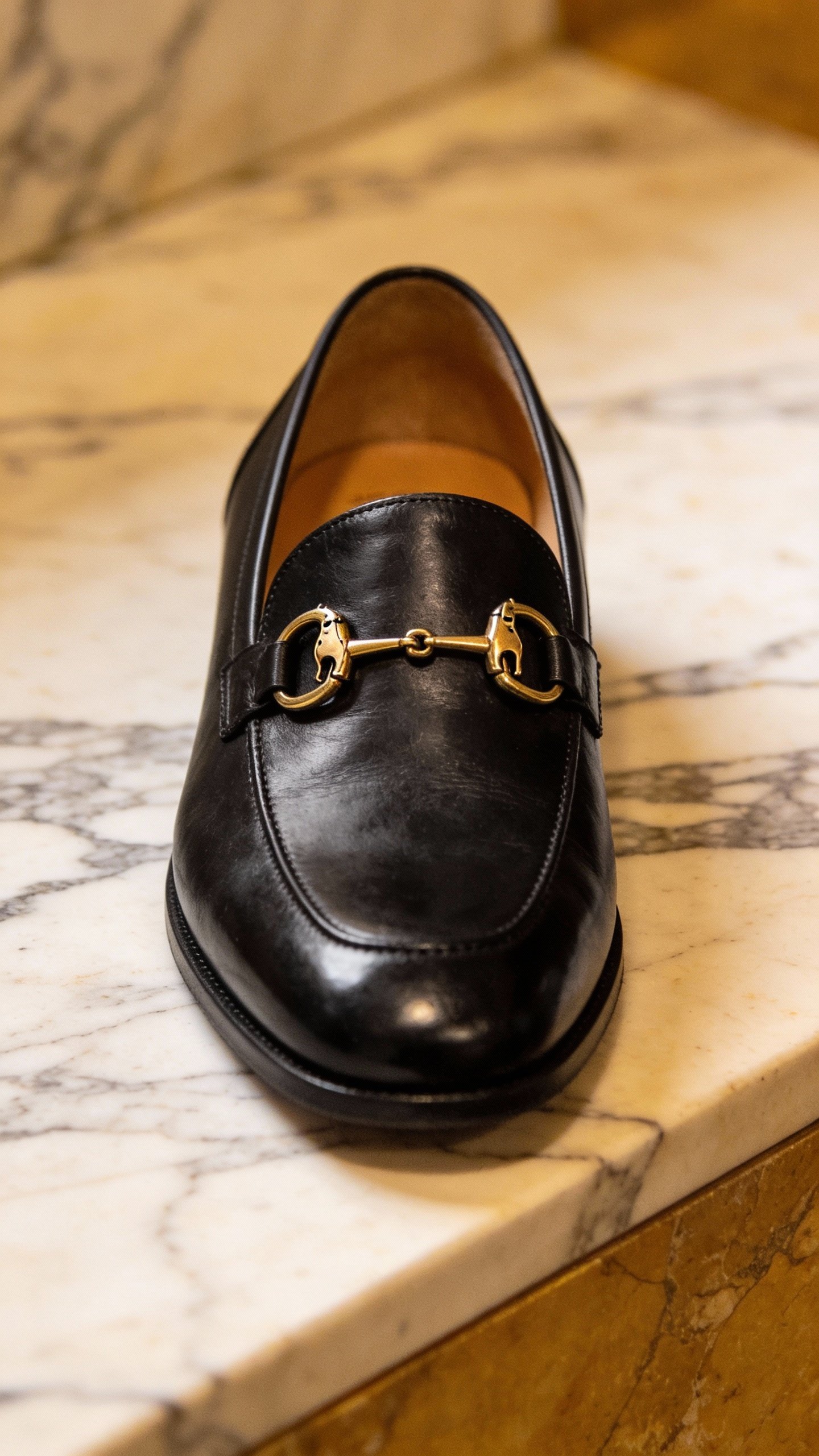 black leather loafer with gold horsebit, closeup on marble