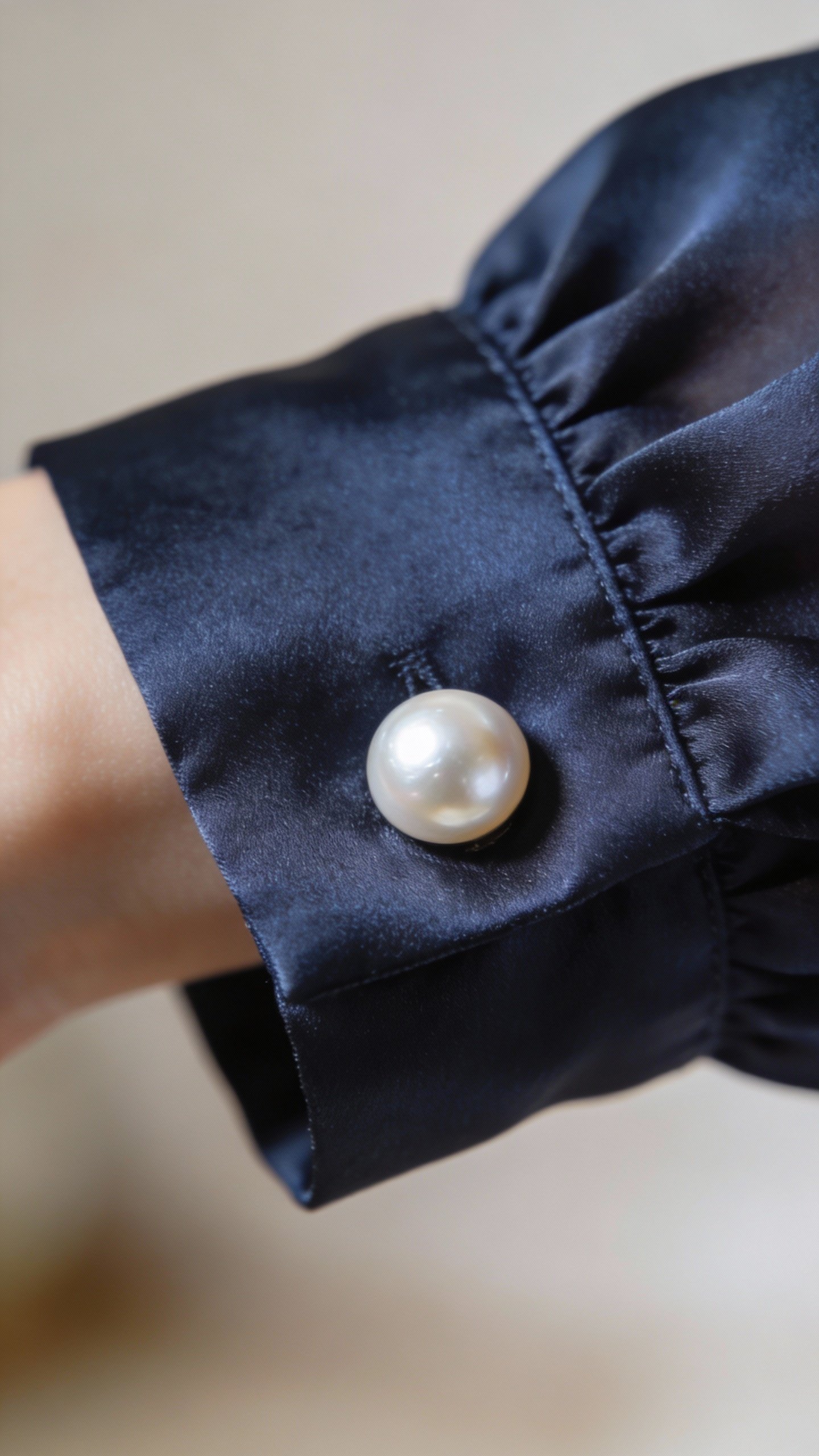 navy silk blouse cuff with pearl button, macro detail shot