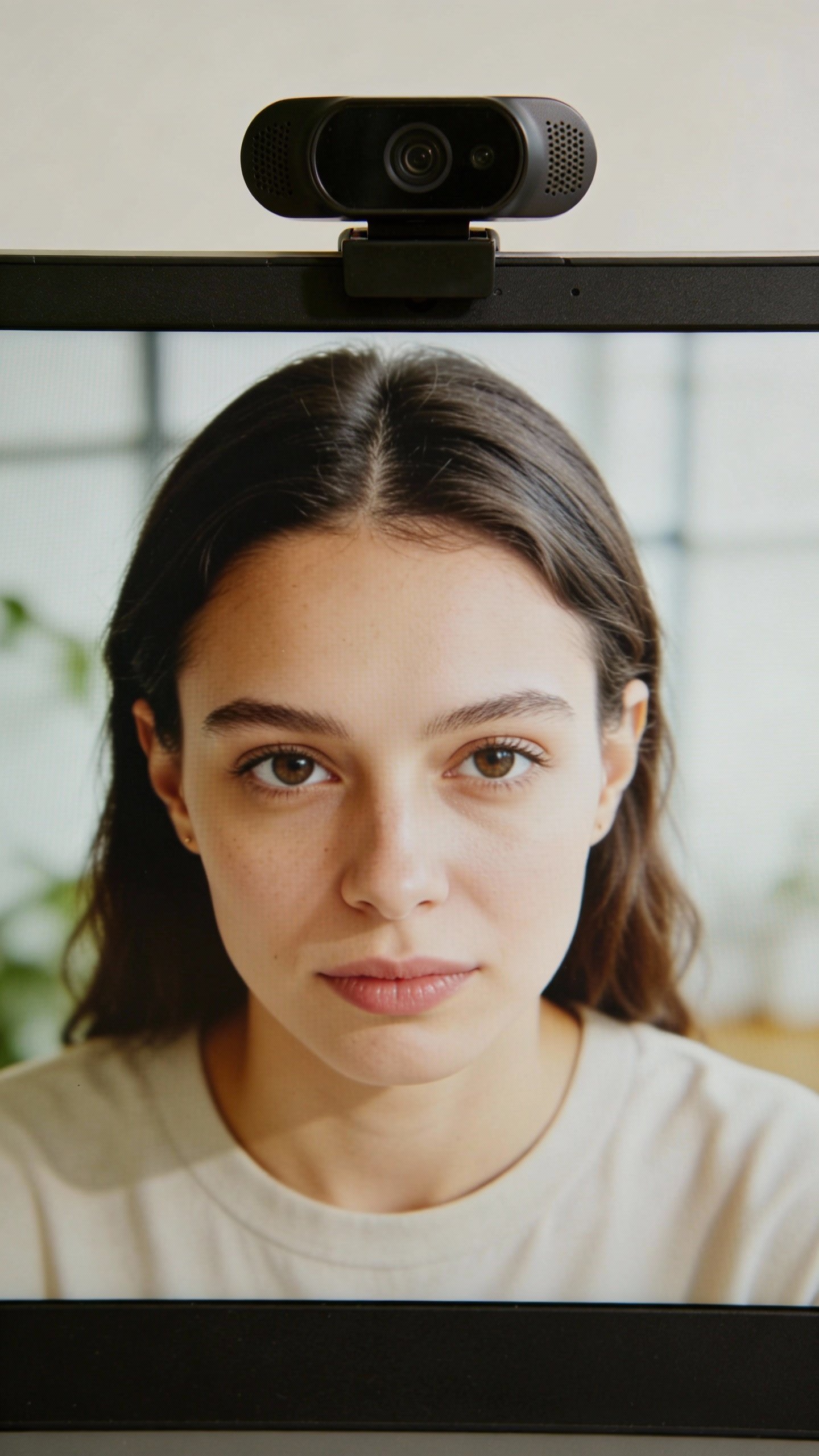 Eye-level laptop webcam closeup, head-and-shoulders, soft daylight