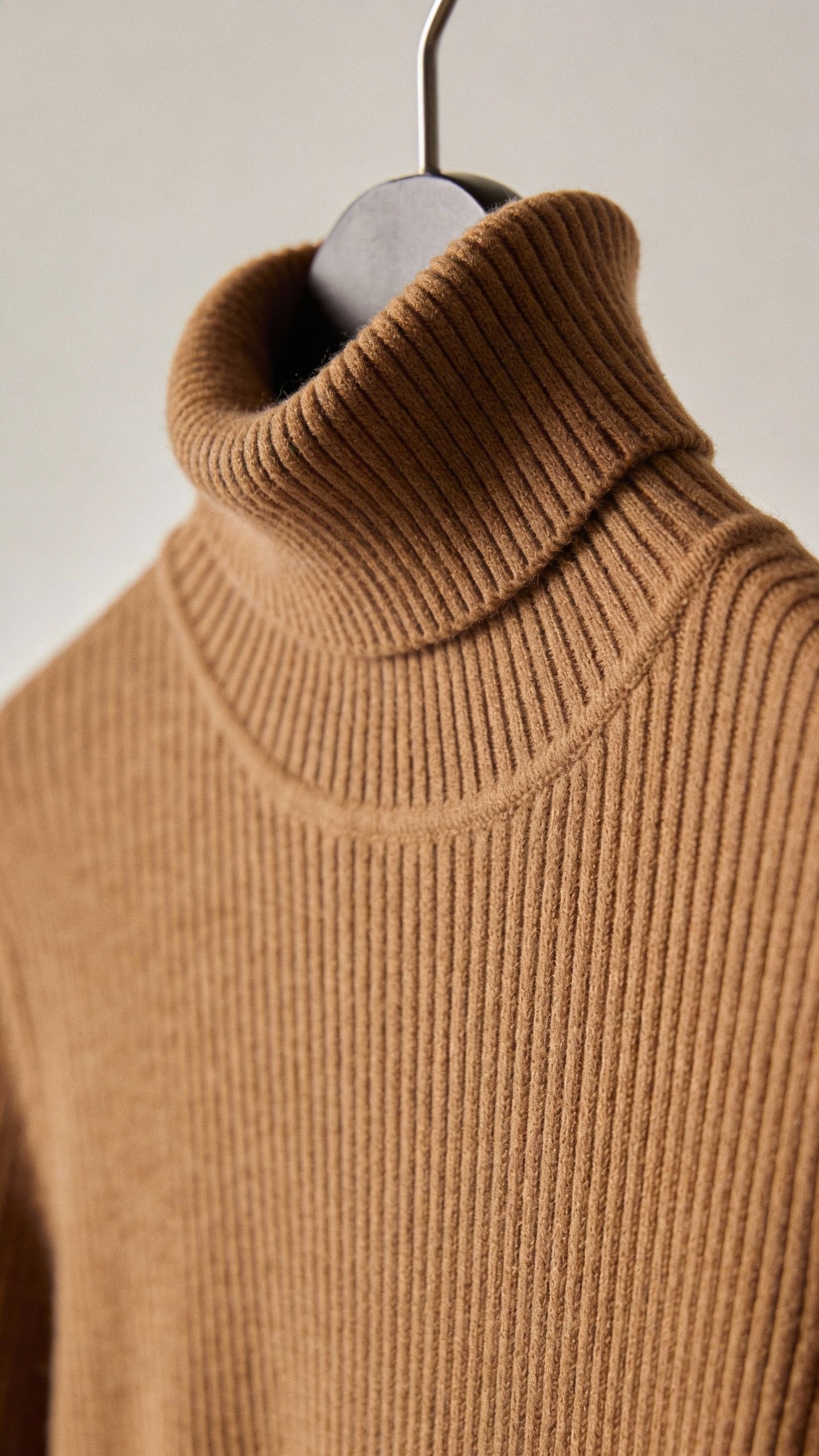 structured ribbed knit sweater, camel tone, on hanger, studio lighting