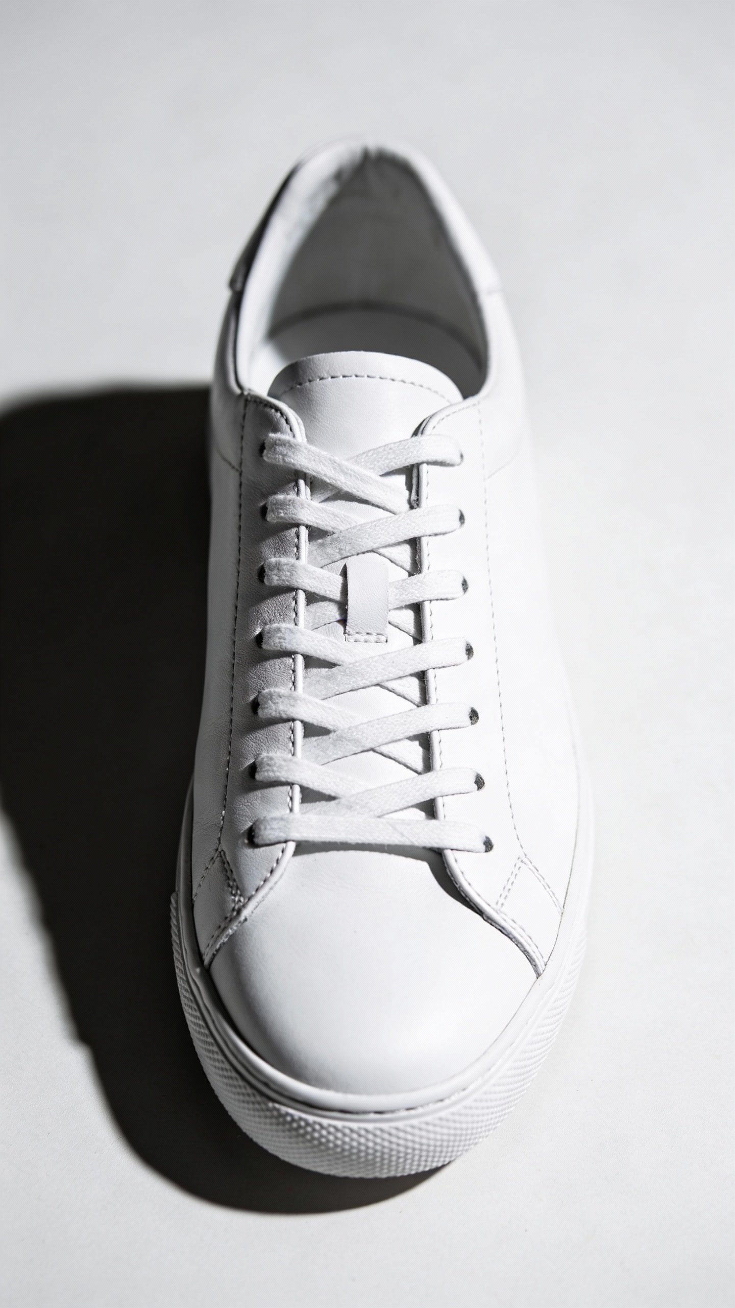 single white leather minimalist sneaker, clean profile, soft shadow