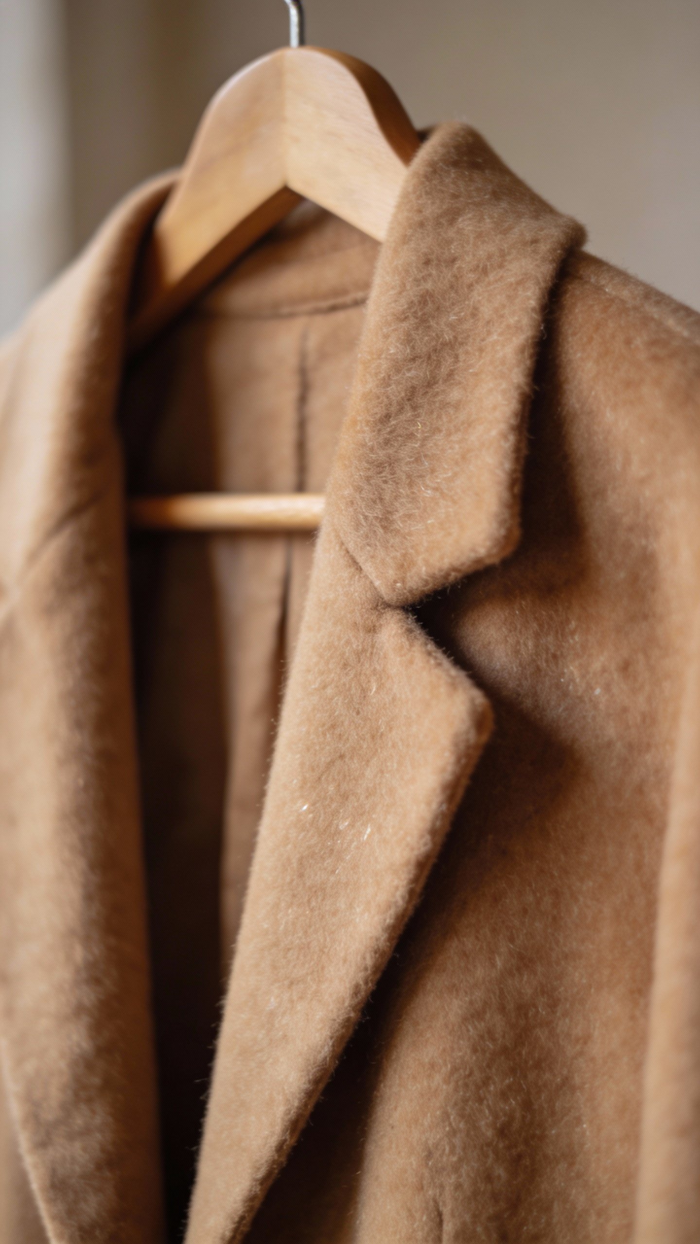 camel wool blazer on hanger, soft studio lighting
