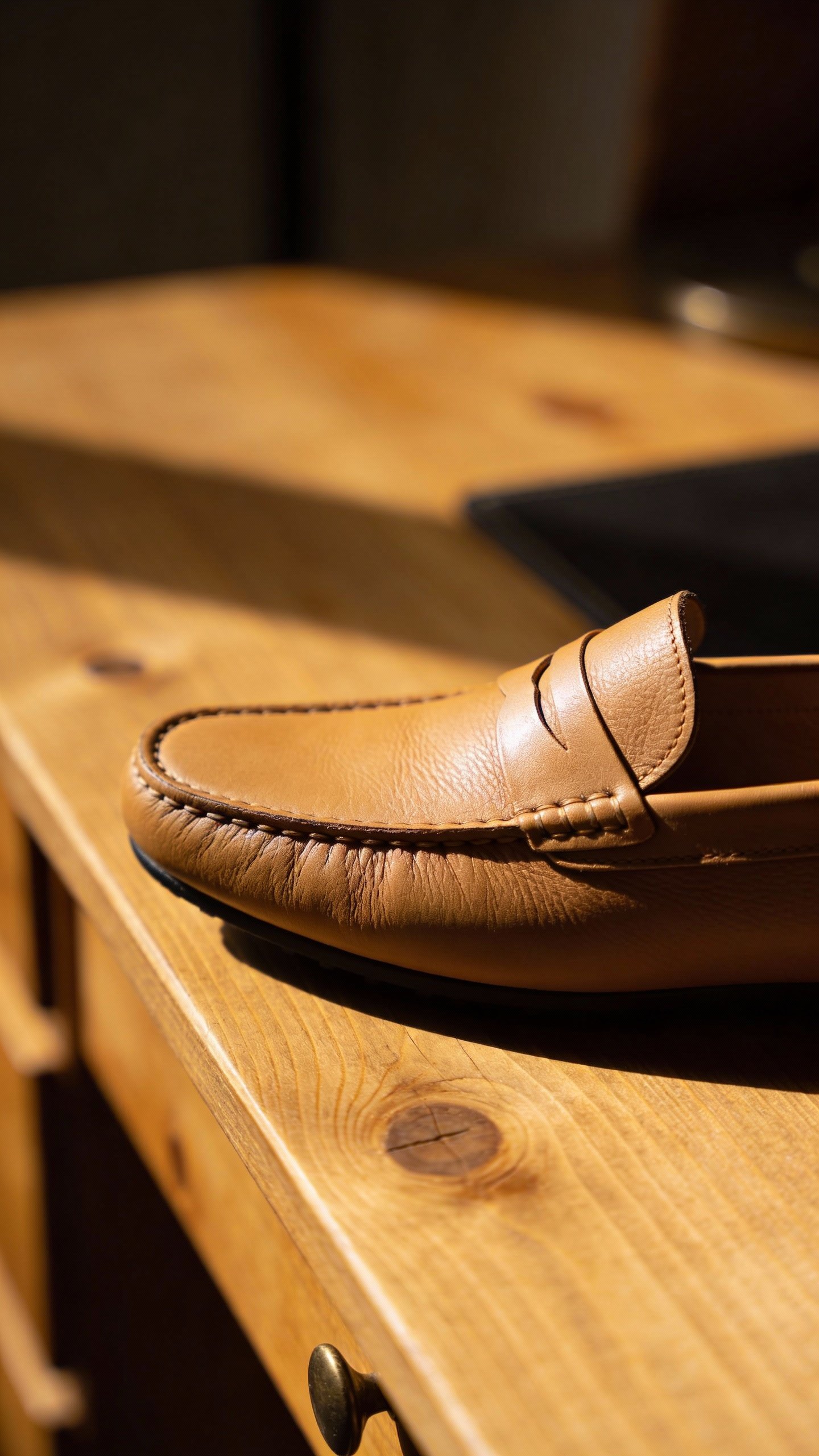 single tan leather loafer on wooden desk