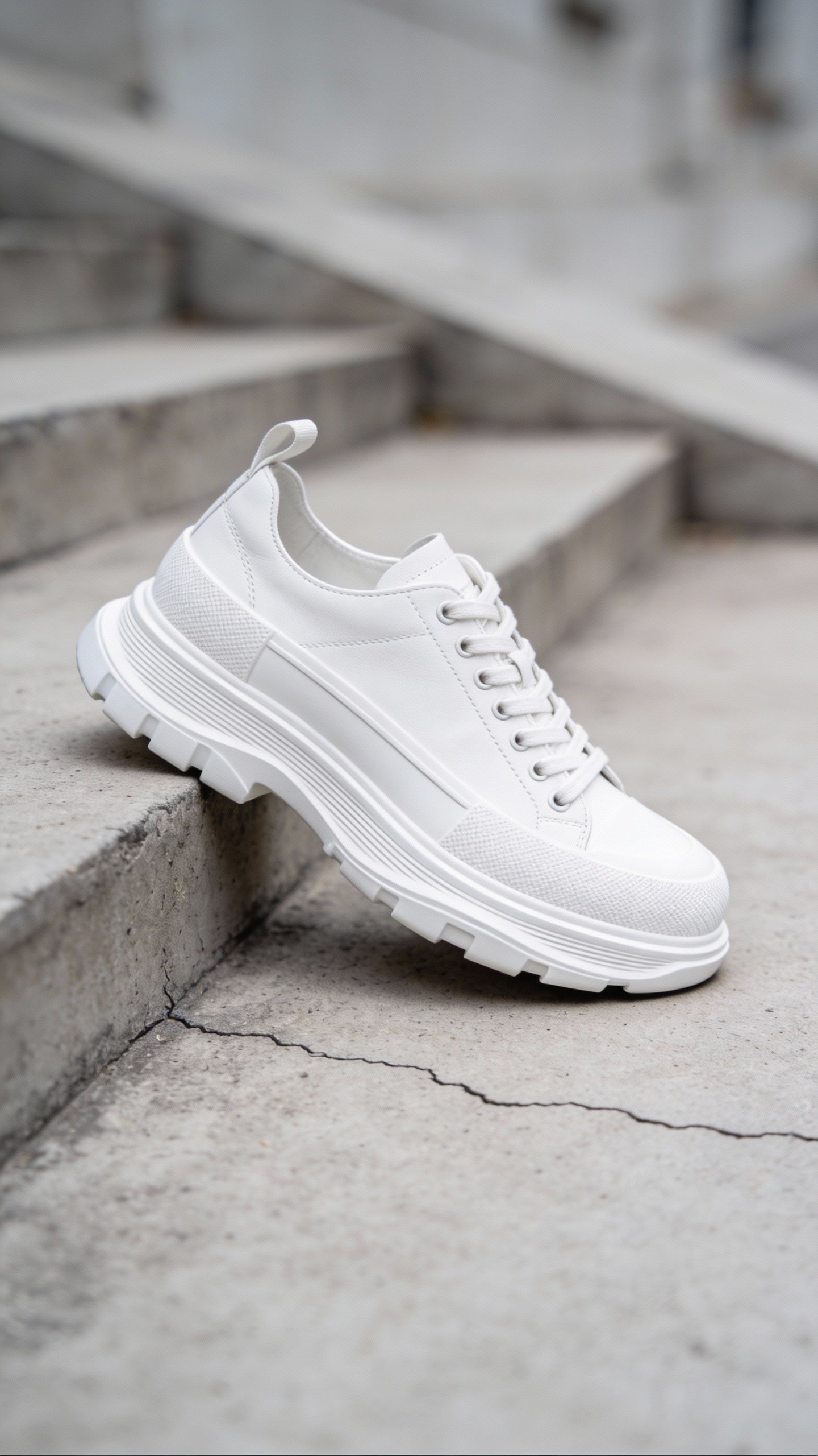 closeup white elevated sneaker on concrete step
