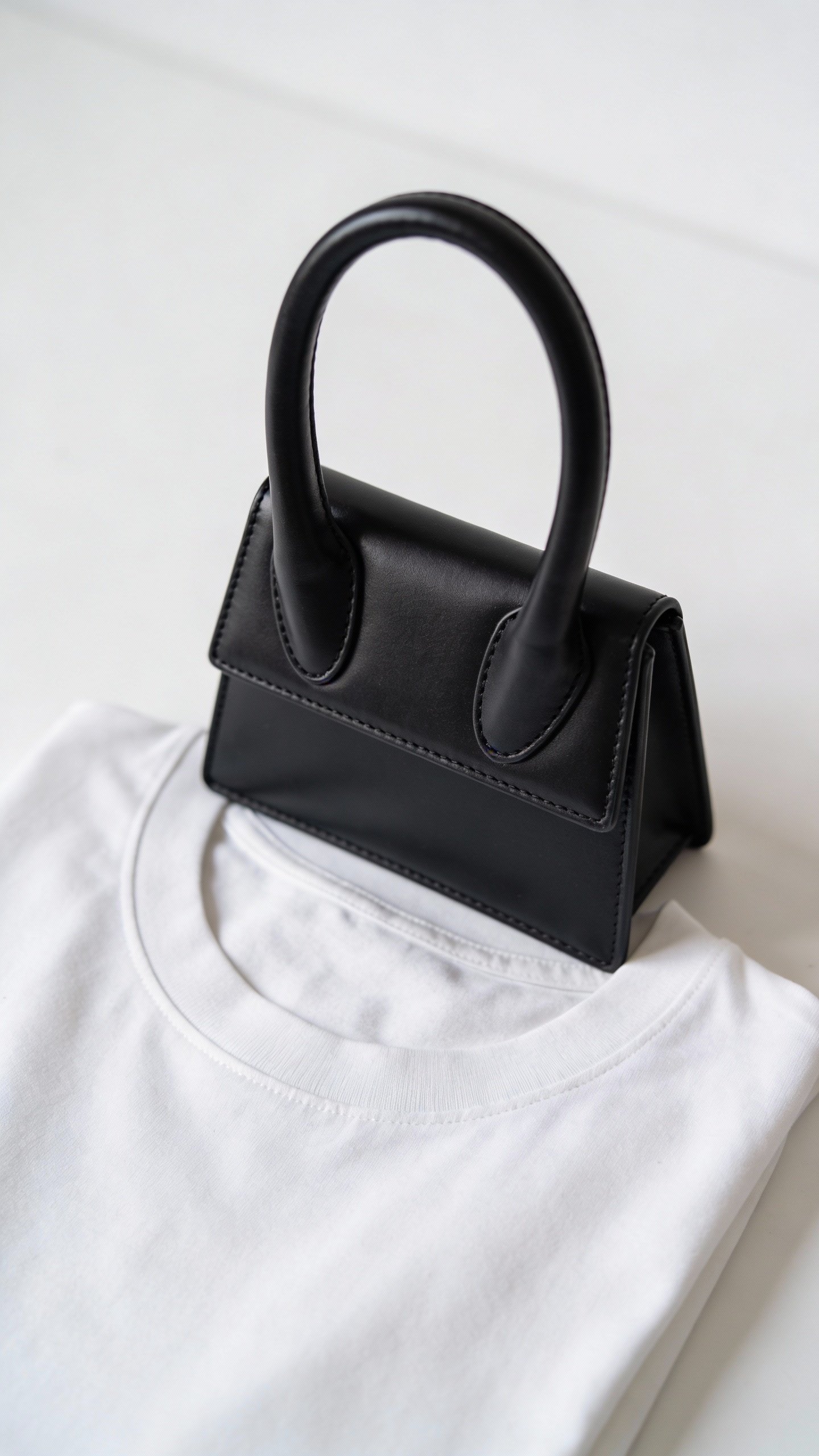 Structured black top-handle bag on crisp white tee