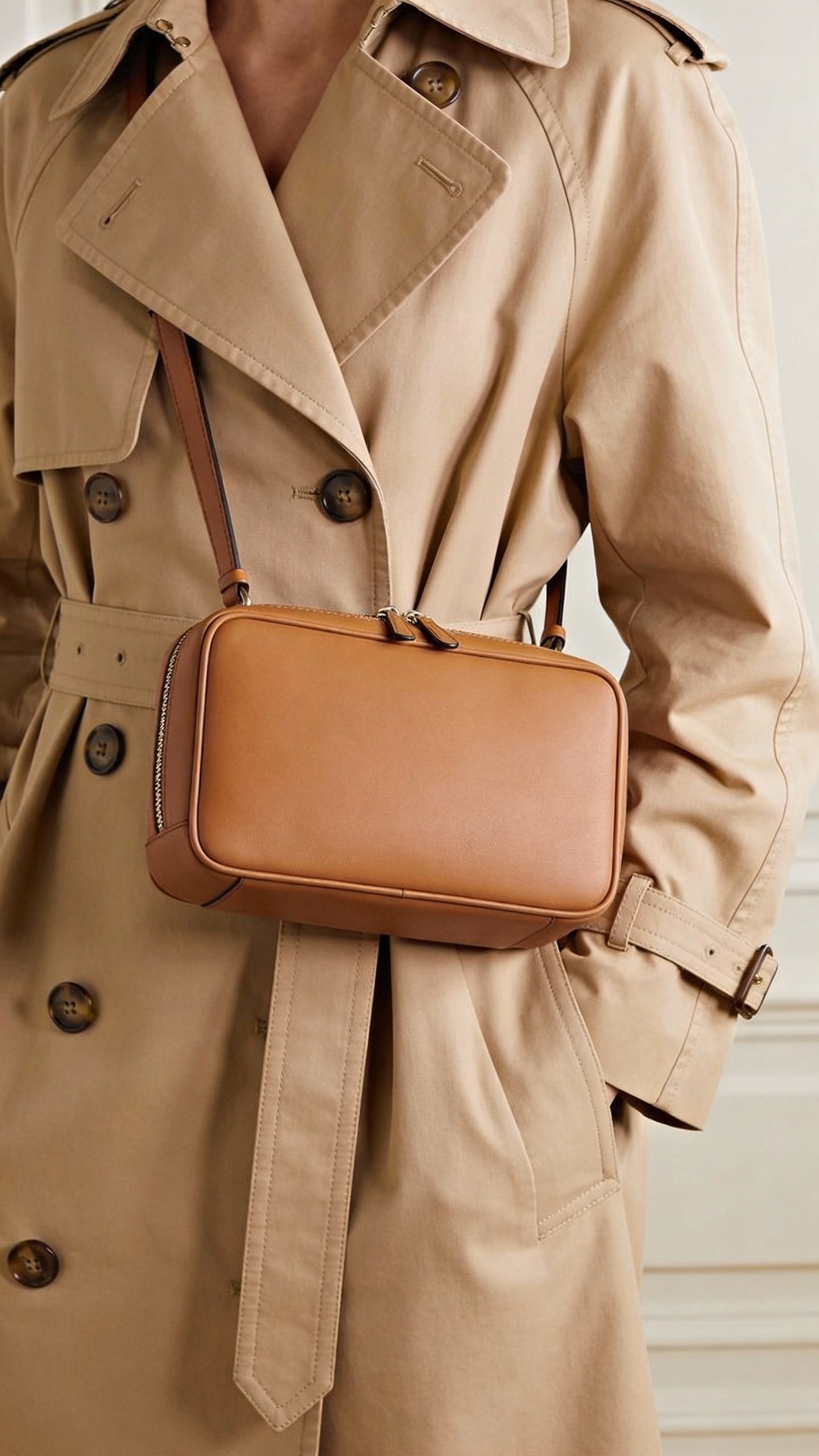 Boxy tan crossbody bag over classic beige trench