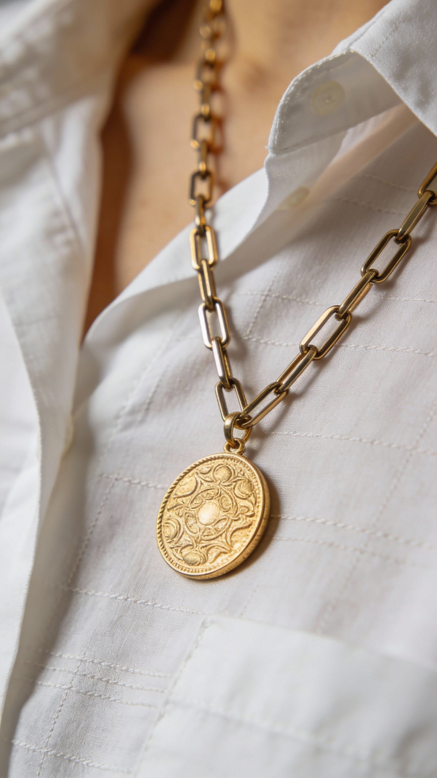 closeup gold coin pendant on paperclip chain, white blouse