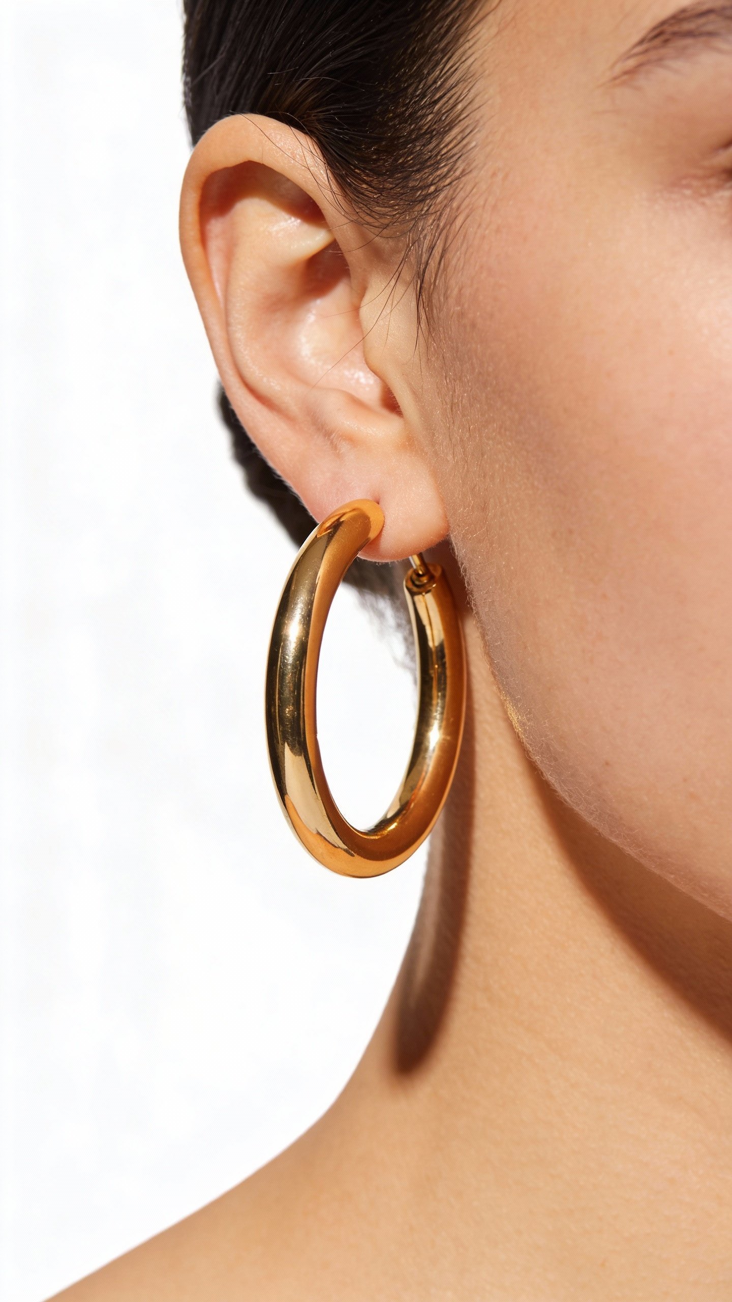 bold gold hoop earring on model’s ear, clean background