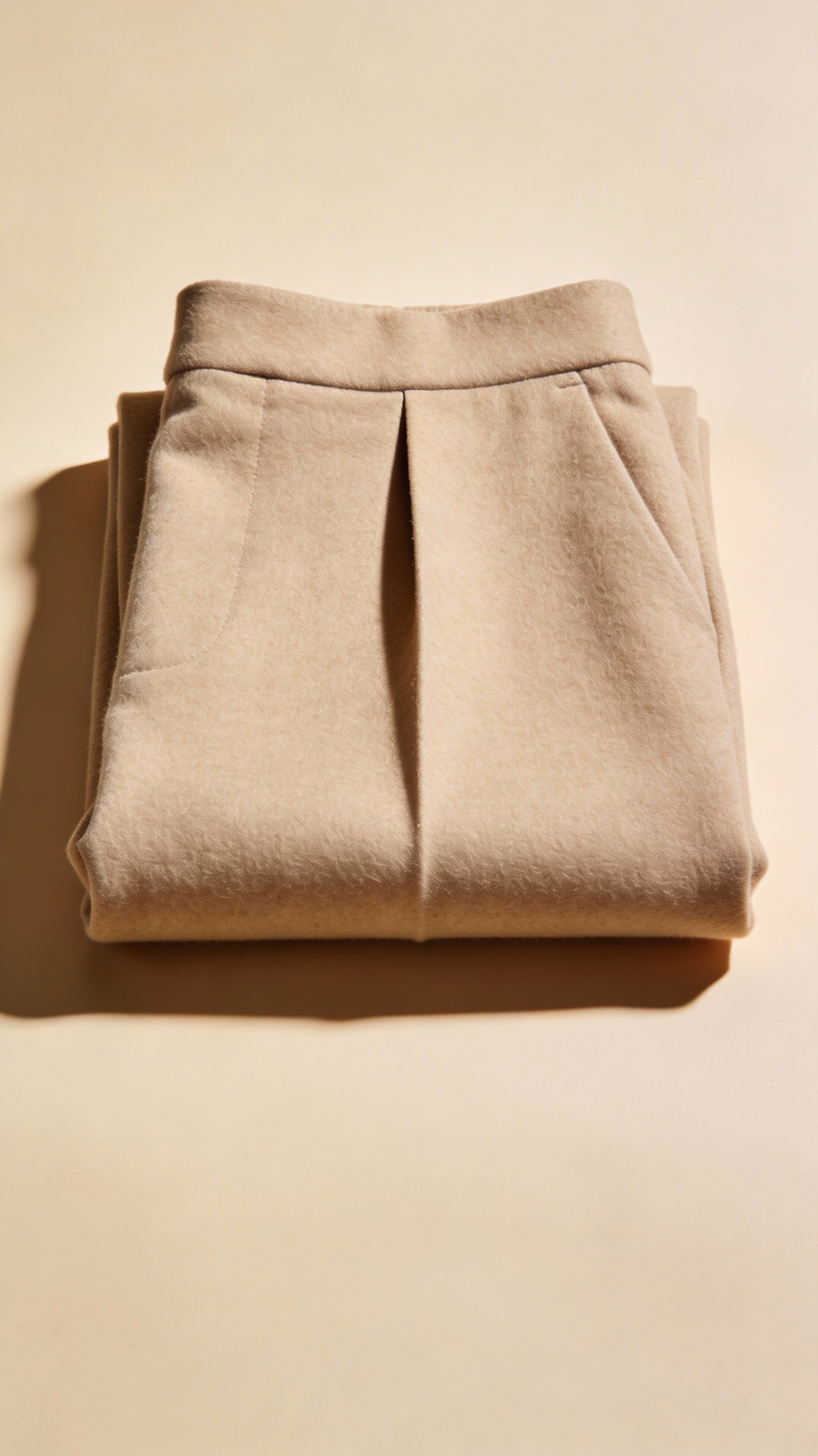 single beige wool trouser folded with sharp crease, studio light