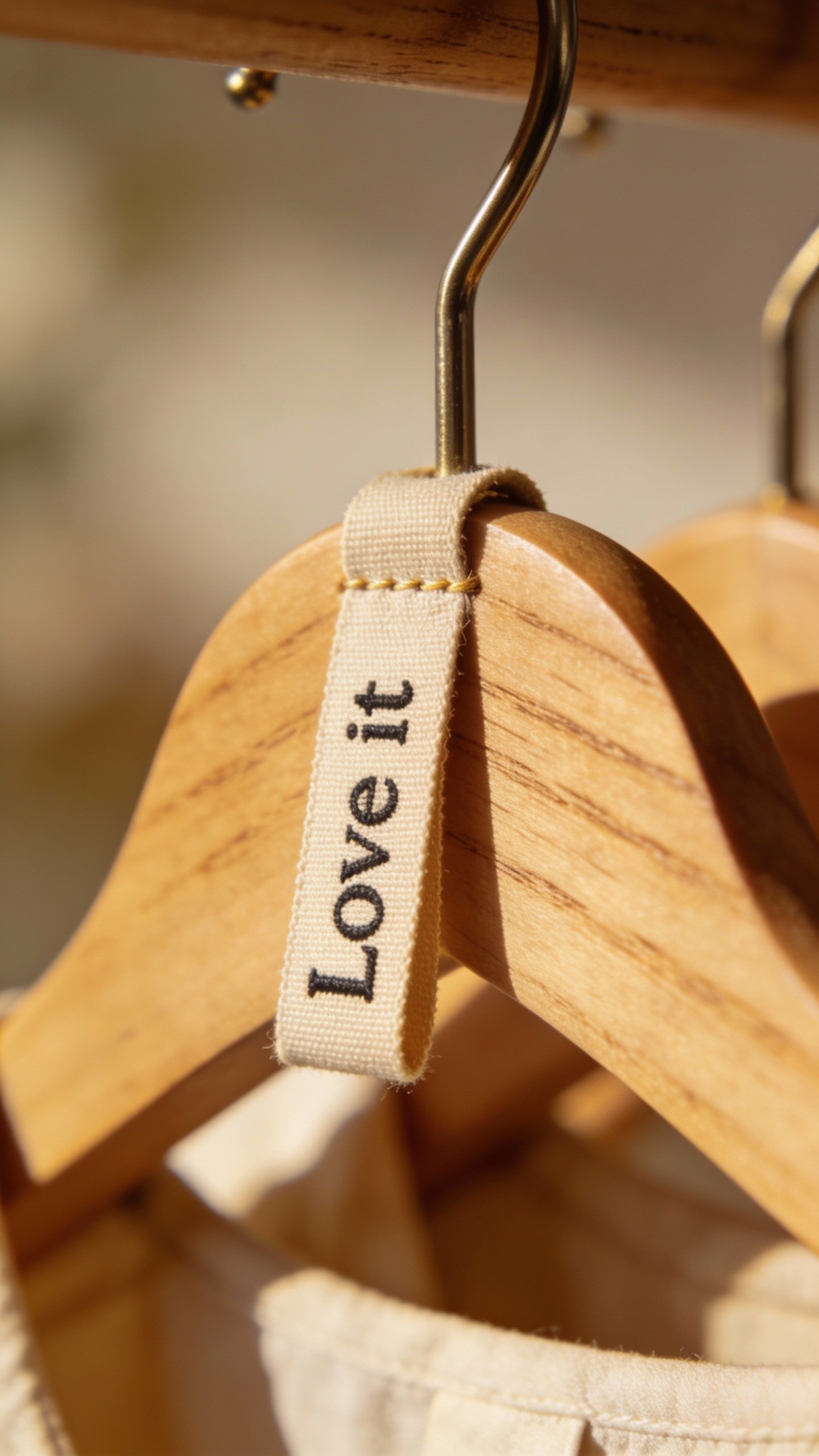 closeup of labeled “Love it” clothing tag on wooden hanger