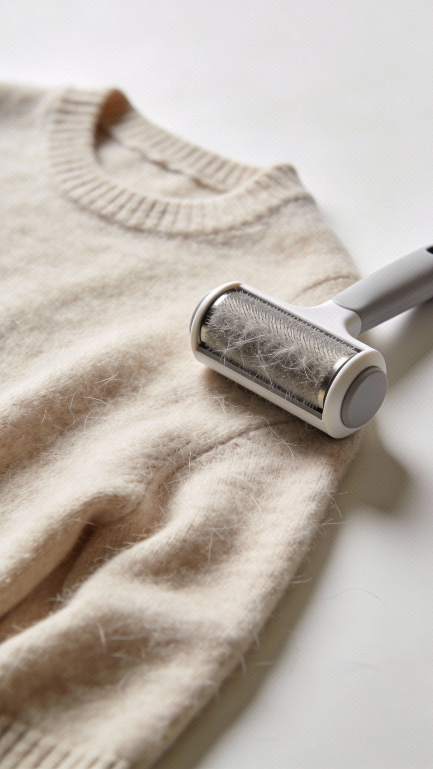 single cashmere sweater with lint shaver, tabletop studio lighting