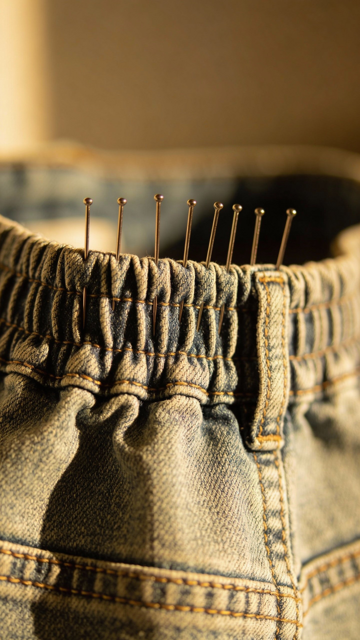 closeup of pinched waistband with tailoring pins on denim jeans