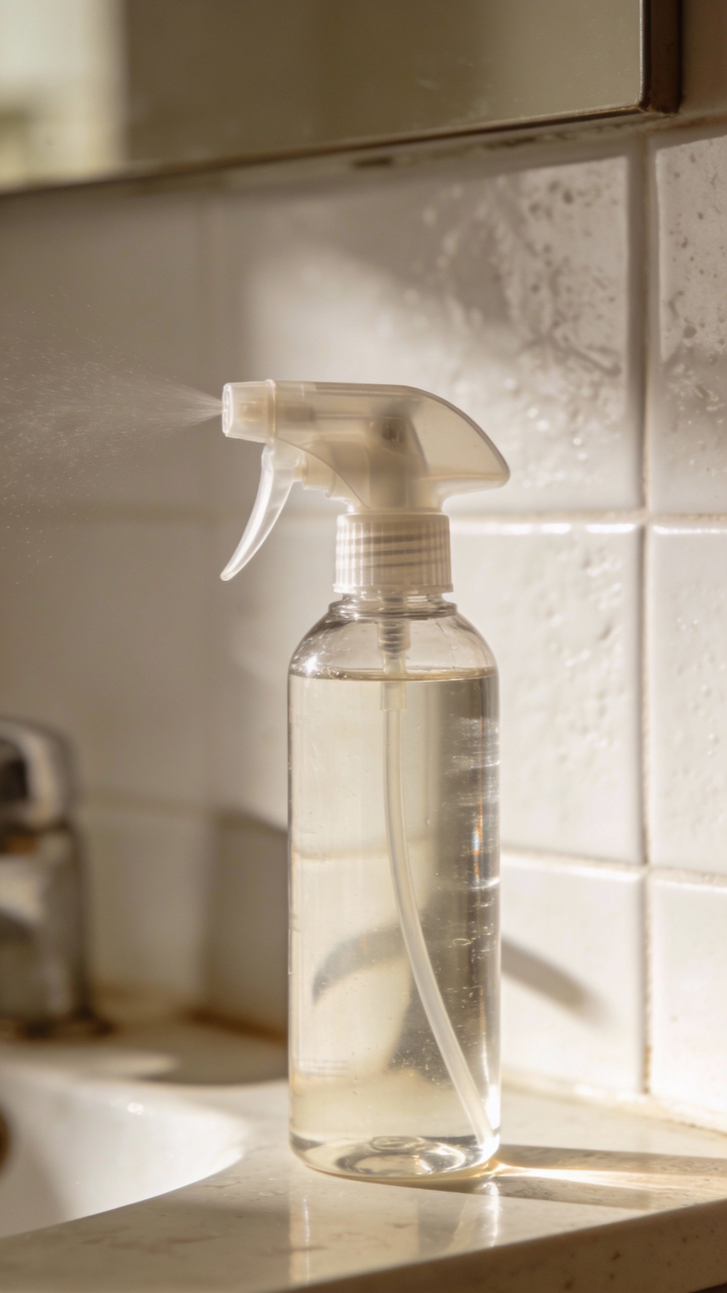 closeup of heat protectant spray bottle on bathroom counter