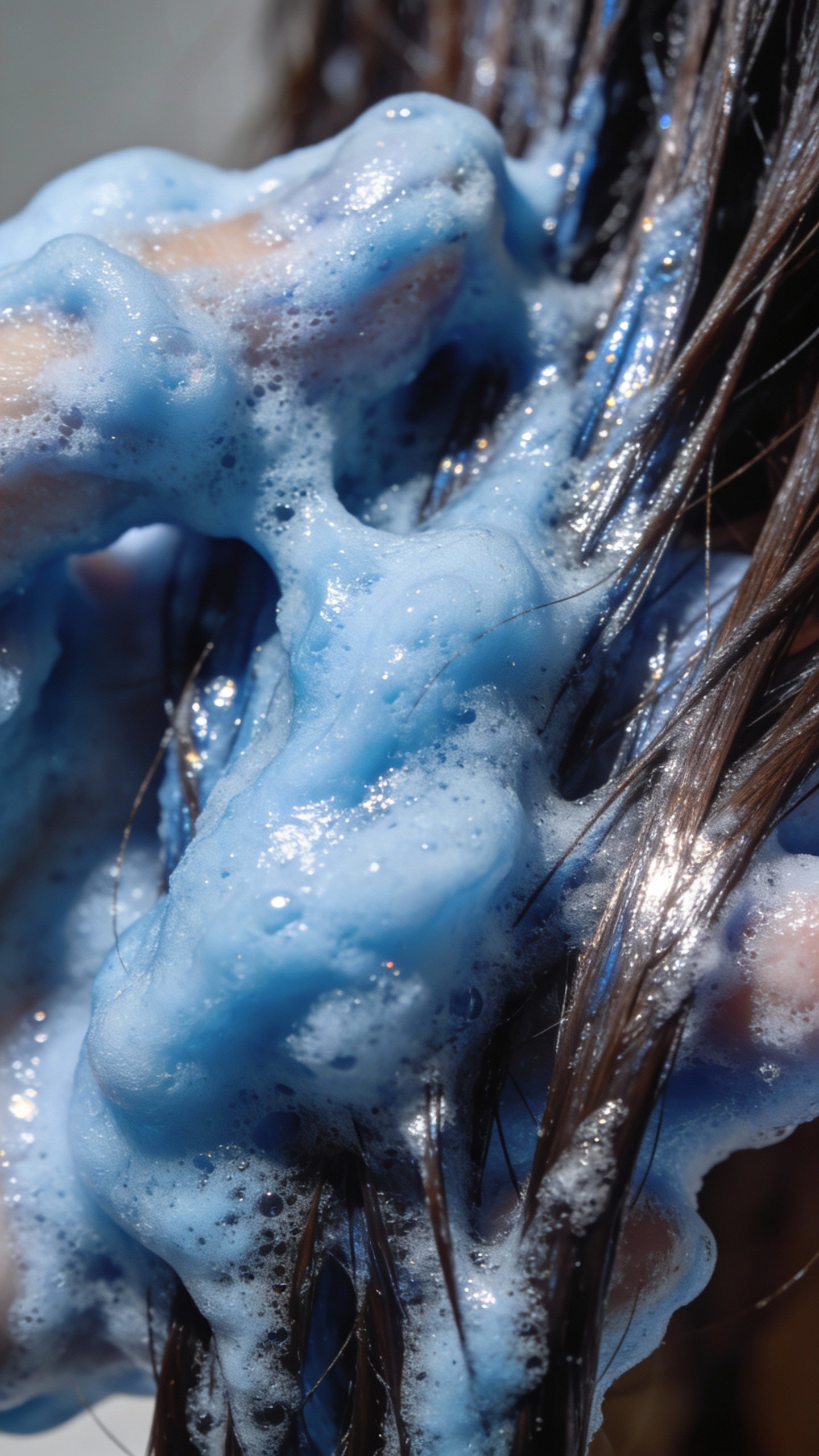 closeup brunette hair with blue toning shampoo foam