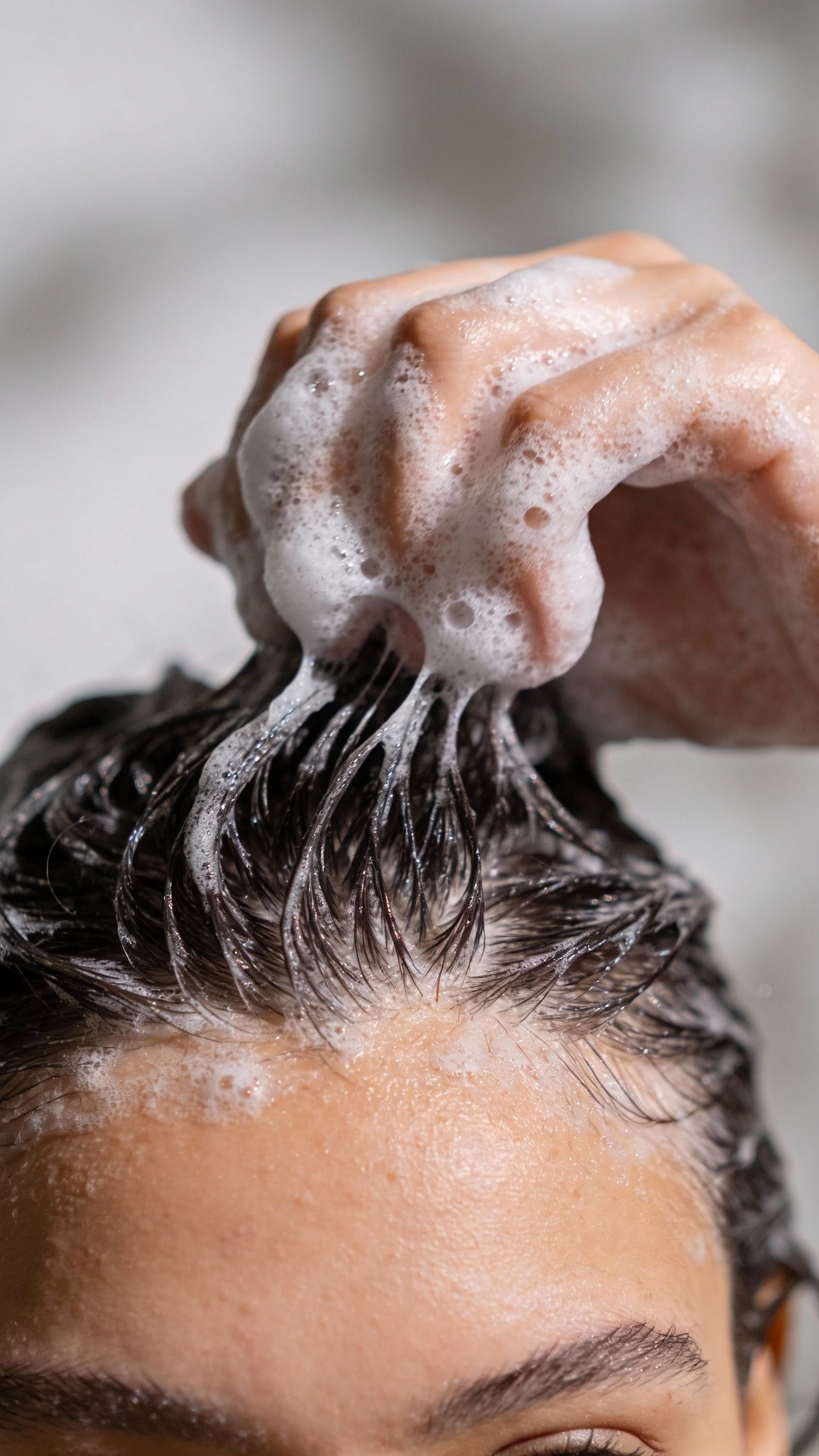 closeup of mousse being scrunched into damp hair