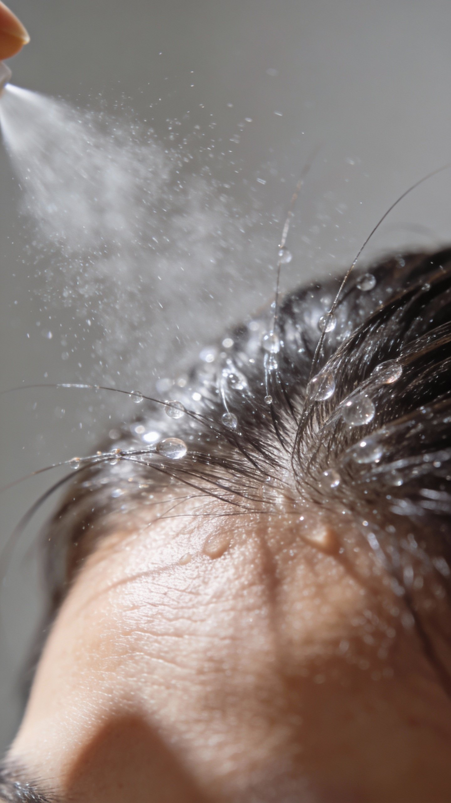 texture spray mist on roots, macro hairline shot