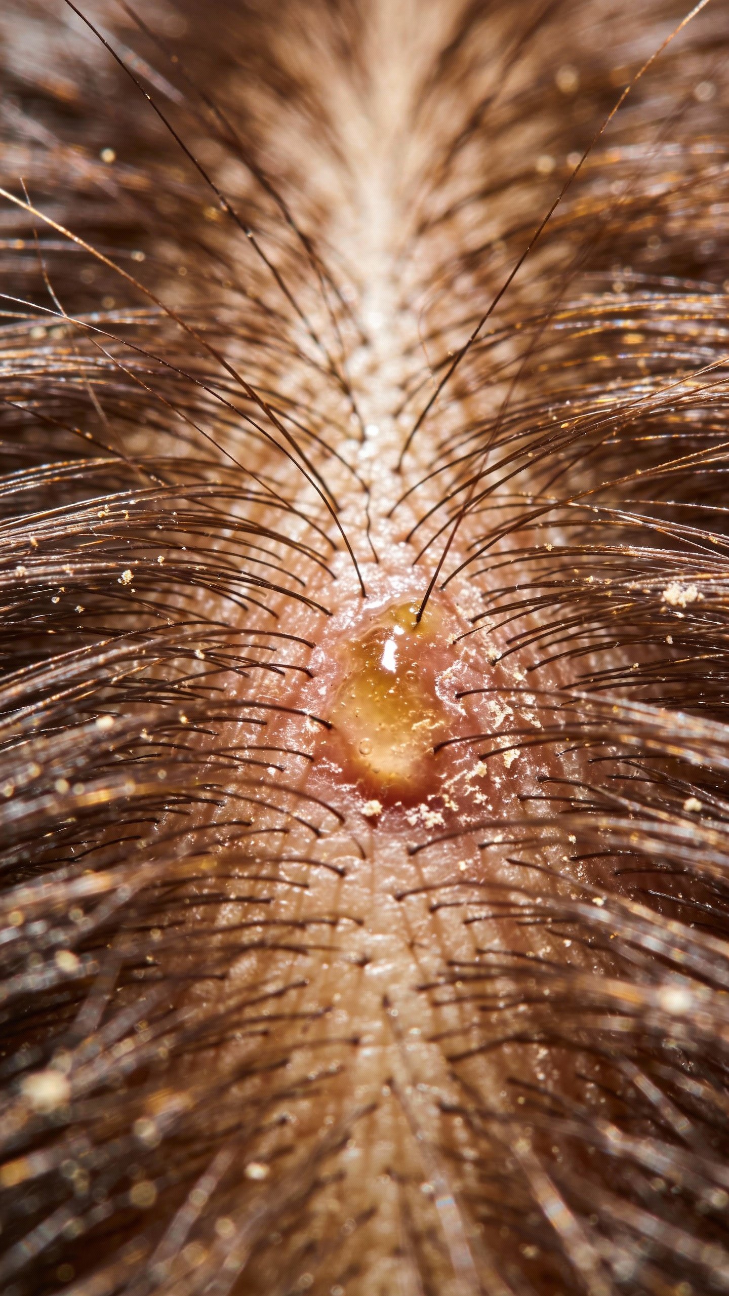 closeup of oily hair roots on parted brunette scalp