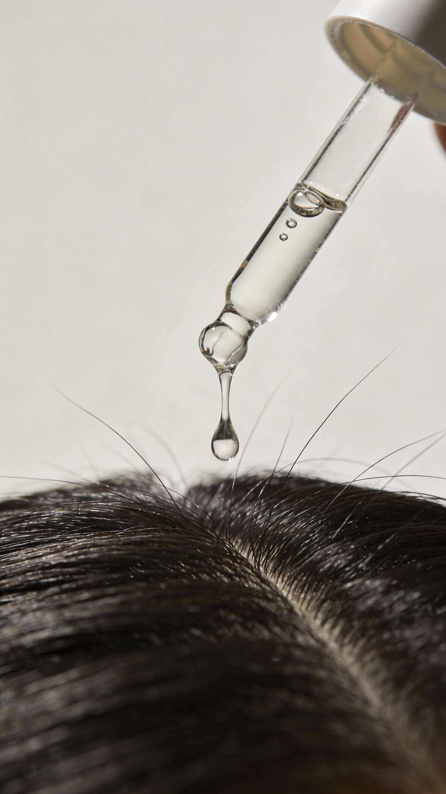 single dropper applying lightweight scalp serum to roots