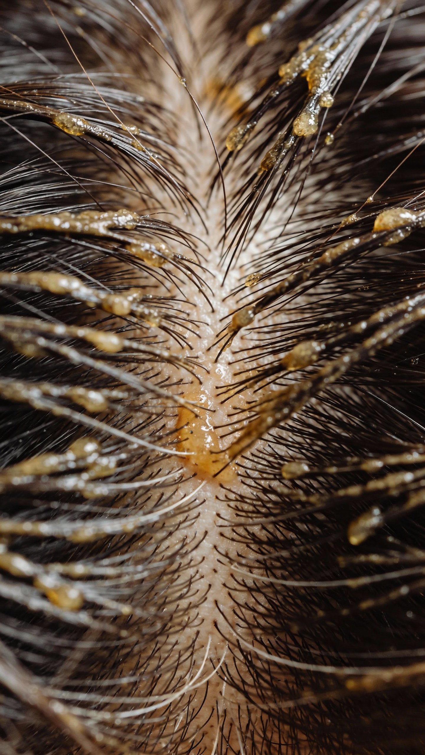 macro shot of oily hair roots on parted scalp