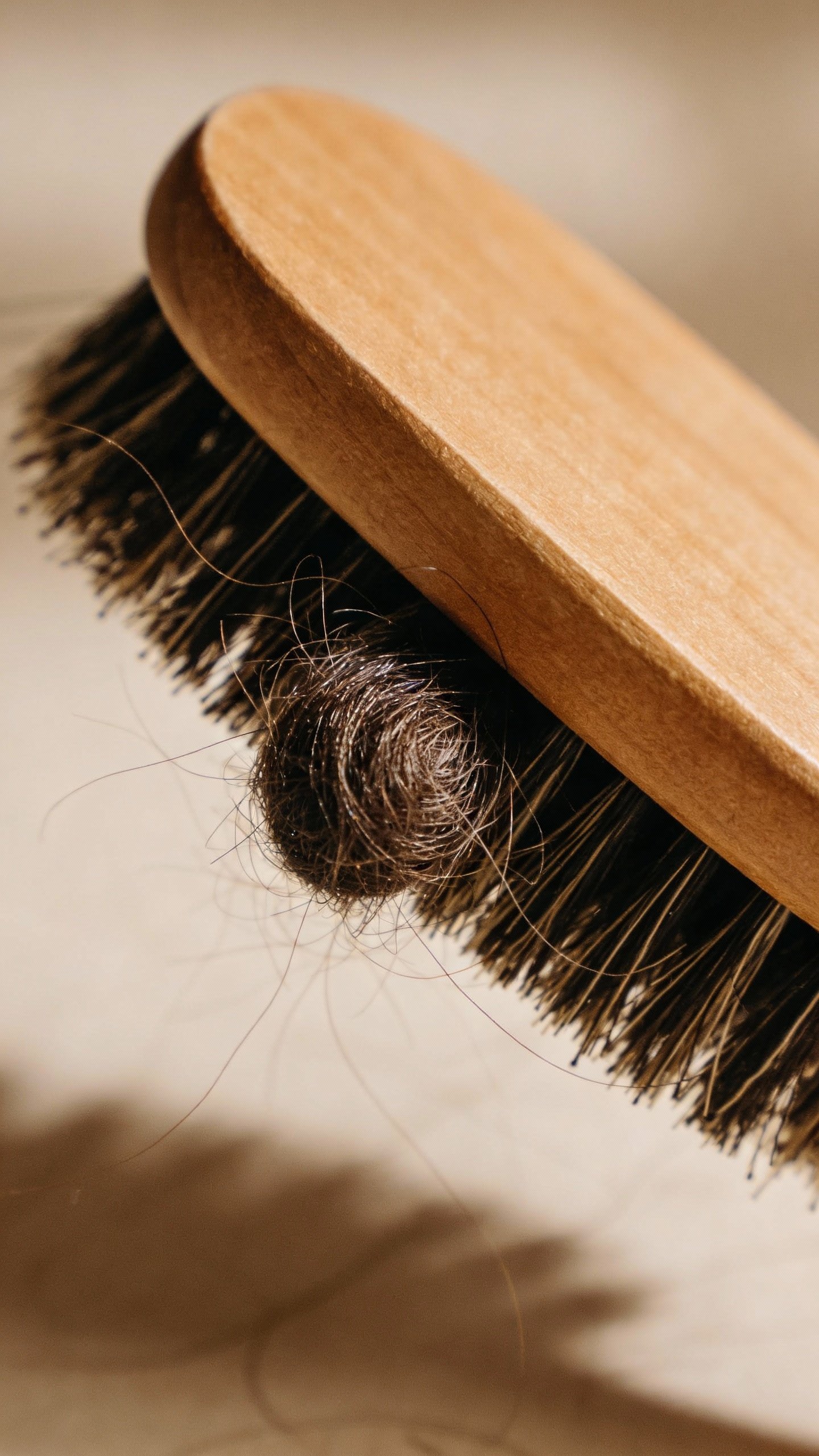 closeup of hairbrush with a single clump of hair